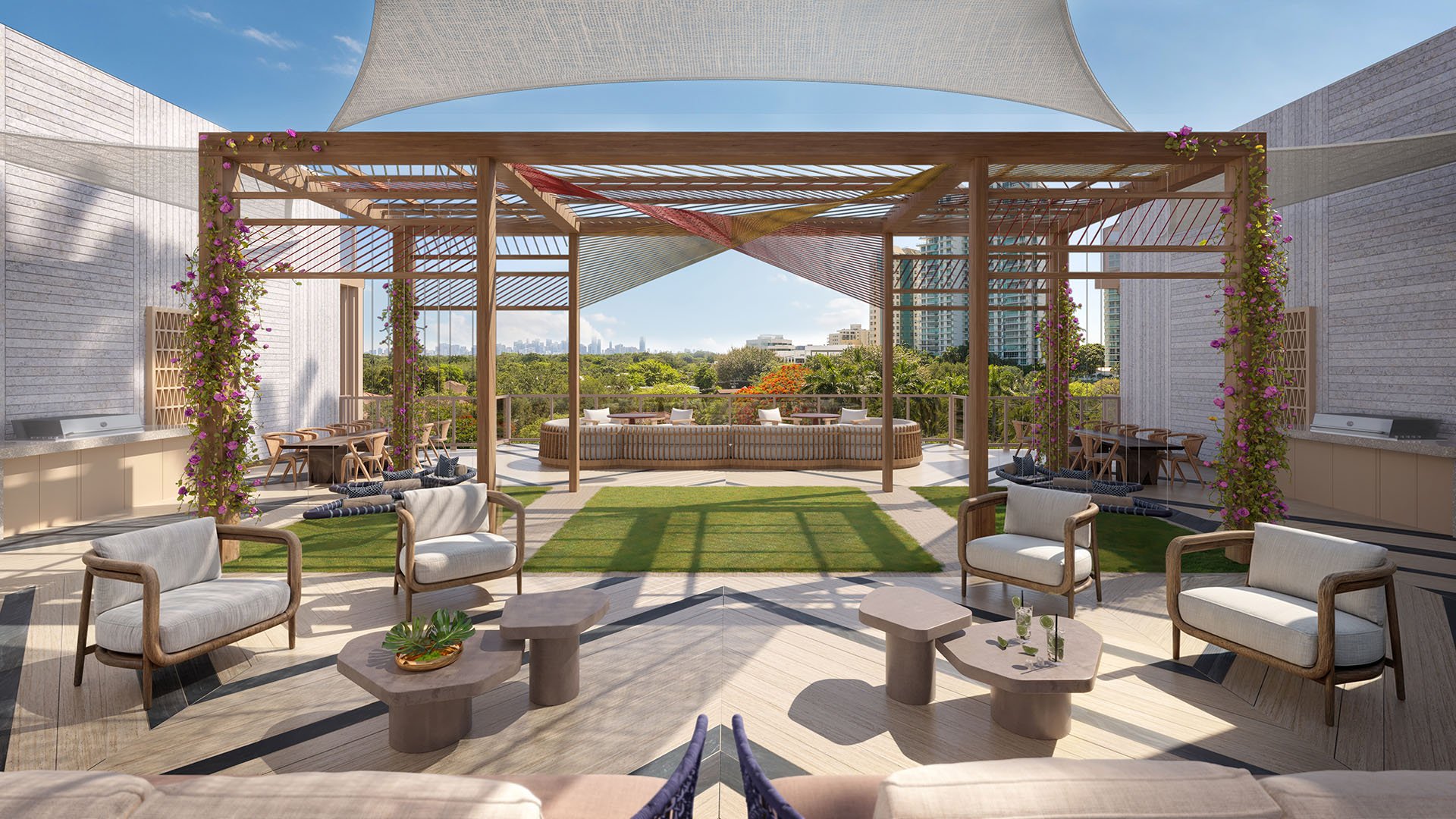 Daytime rooftop lounge at The Lincoln Coconut Grove, Miami, Florida with pergola, shade sails and outdoor seating, presenting luxury and ultra luxury preconstruction condos amenities with open-air lounge zones, dining areas, grilling stations and panoramic neighborhood views.