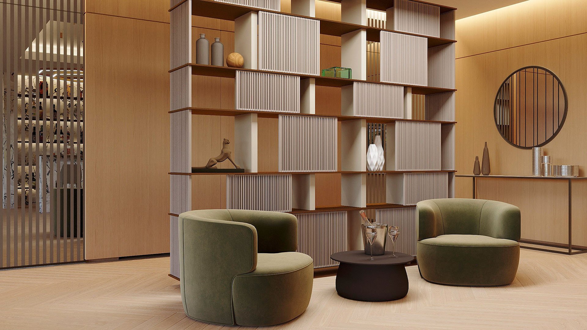 The Links Estates, Fisher Island, Miami Beach, Florida wood-paneled foyer lounge with sculptural shelving divider and green accent chairs, showcasing luxury and ultra luxury preconstruction condos lifestyle.