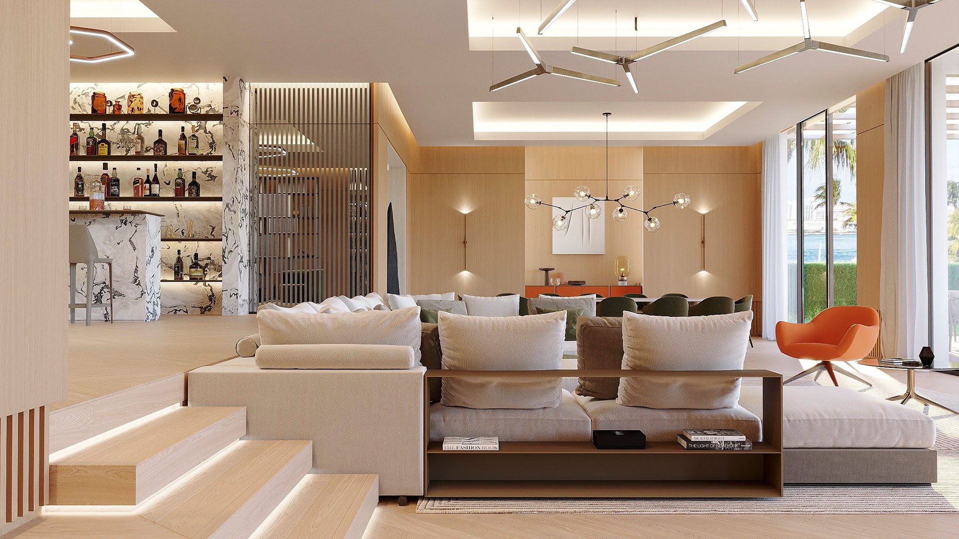 The Links Estates, Fisher Island, Miami Beach, Florida open living room behind-sofa view with illuminated steps, marble bar and backlit liquor shelves, highlighting luxury and ultra luxury preconstruction condos.