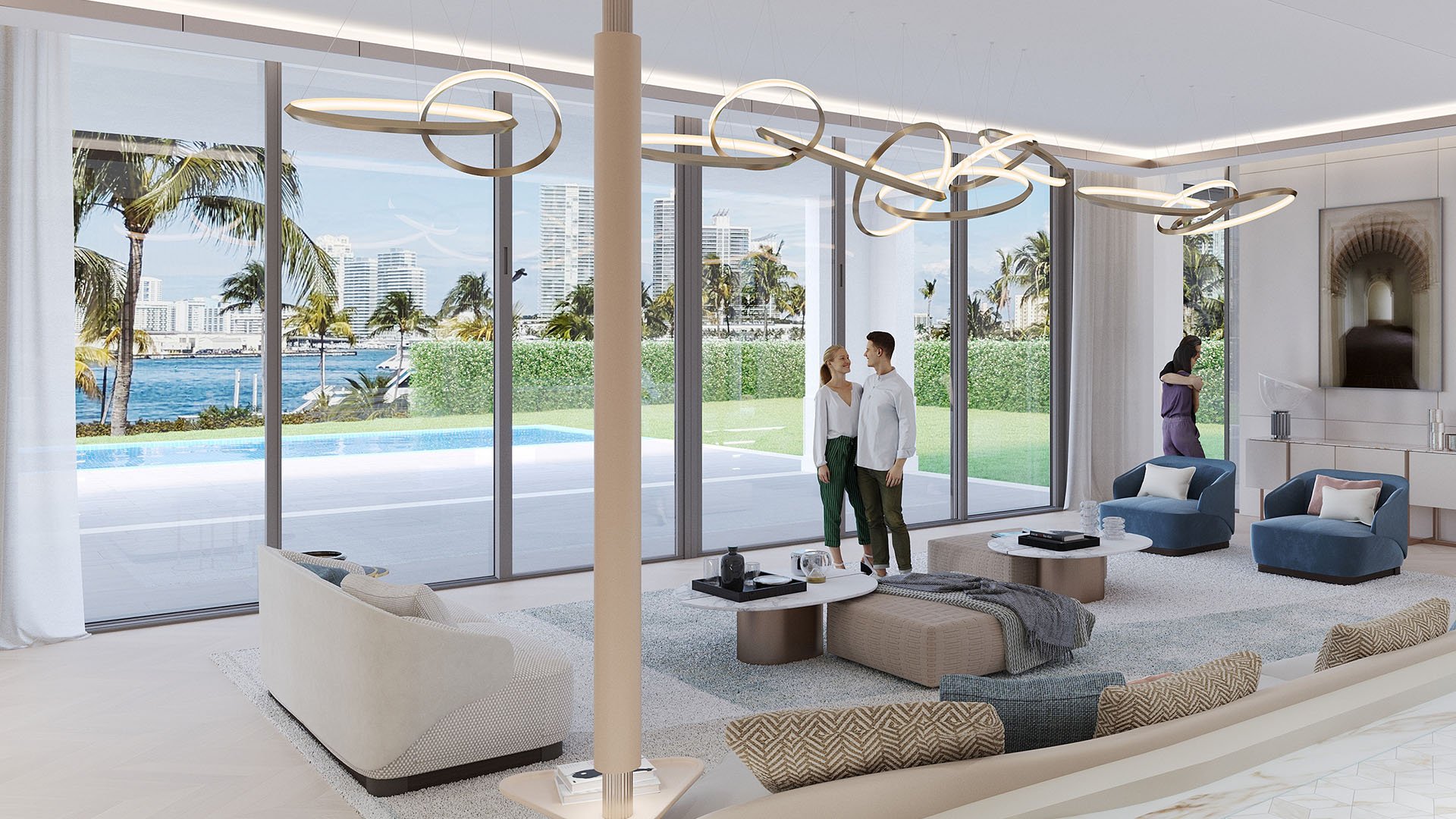 The Links Estates, Fisher Island, Miami Beach, Florida living room with floor-to-ceiling glass, waterfront Miami skyline view, ring chandelier and blue lounge chairs, featuring luxury and ultra luxury preconstruction condos.