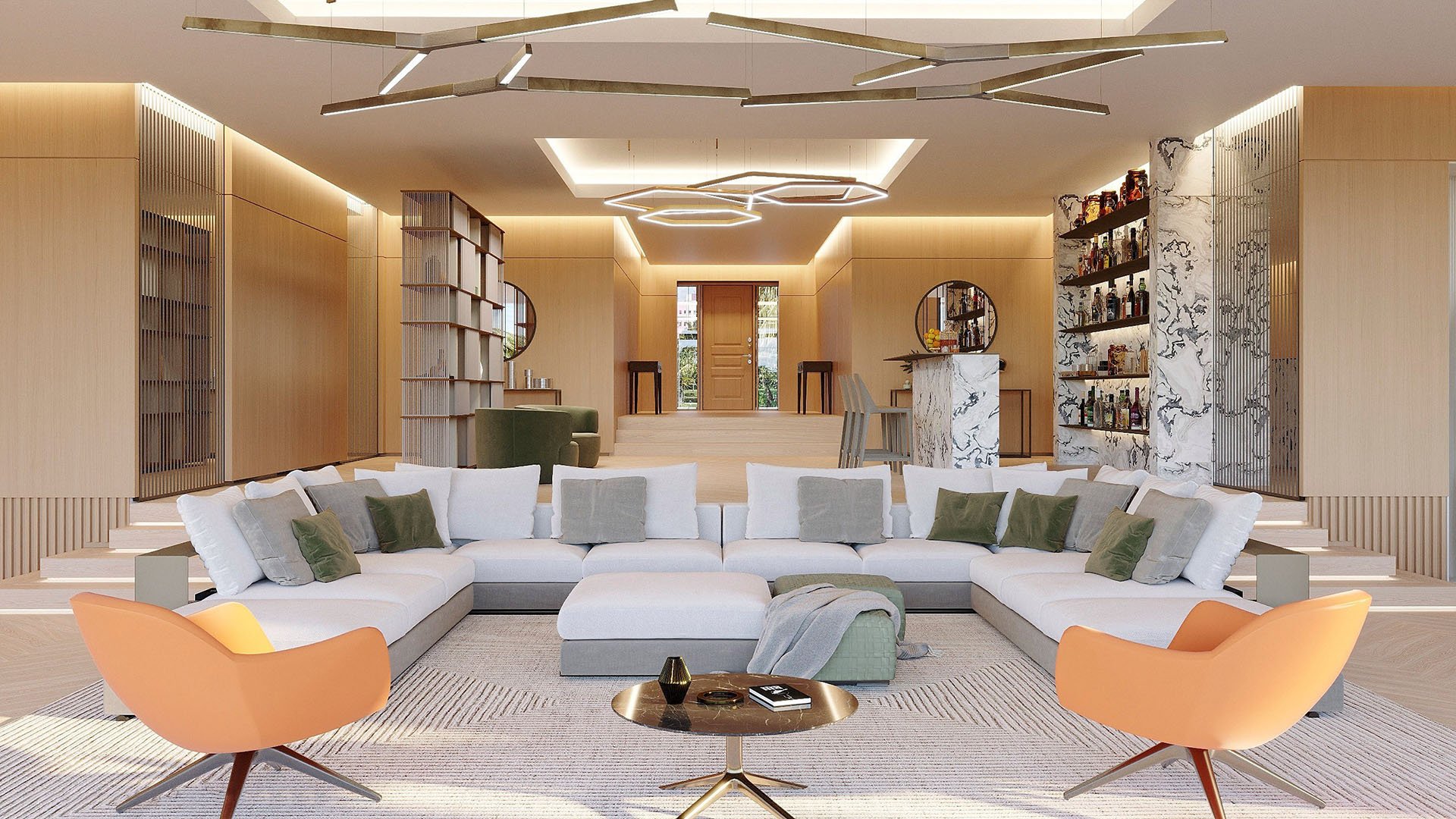 The Links Estates, Fisher Island, Miami Beach, Florida grand open-plan lounge with white sectional, orange accent chairs, marble bar and backlit shelves, defining luxury and ultra luxury preconstruction condos.
