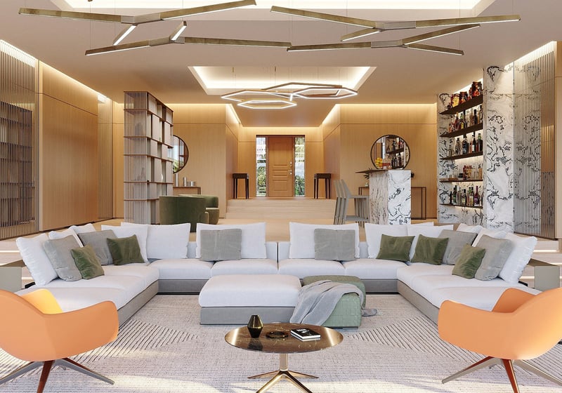 The Links Estates, Fisher Island, Miami Beach, Florida grand open-plan lounge with white sectional, orange accent chairs, marble bar and backlit shelves, defining luxury and ultra luxury preconstruction condos.