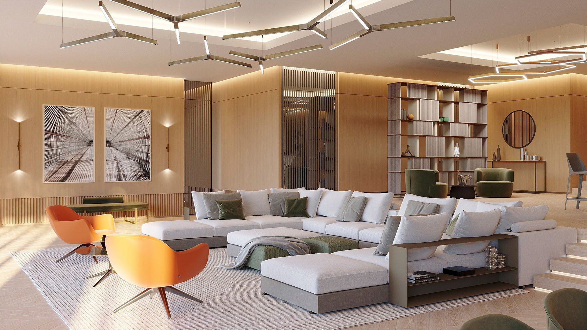 The Links Estates, Fisher Island, Miami Beach, Florida great room angle with white sectional, orange chairs, wood-paneled walls and linear ceiling lights, showcasing luxury and ultra luxury preconstruction condos.