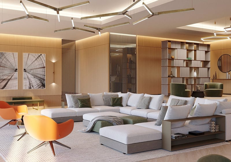 The Links Estates, Fisher Island, Miami Beach, Florida great room angle with white sectional, orange chairs, wood-paneled walls and linear ceiling lights, showcasing luxury and ultra luxury preconstruction condos.