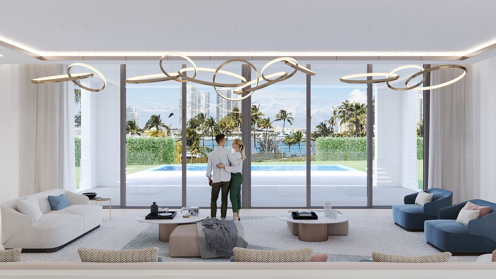 The Links Estates, Fisher Island, Miami Beach, Florida symmetrical living room panorama with glass wall, pool, palm trees and Miami skyline view, showcasing luxury and ultra luxury preconstruction condos.
