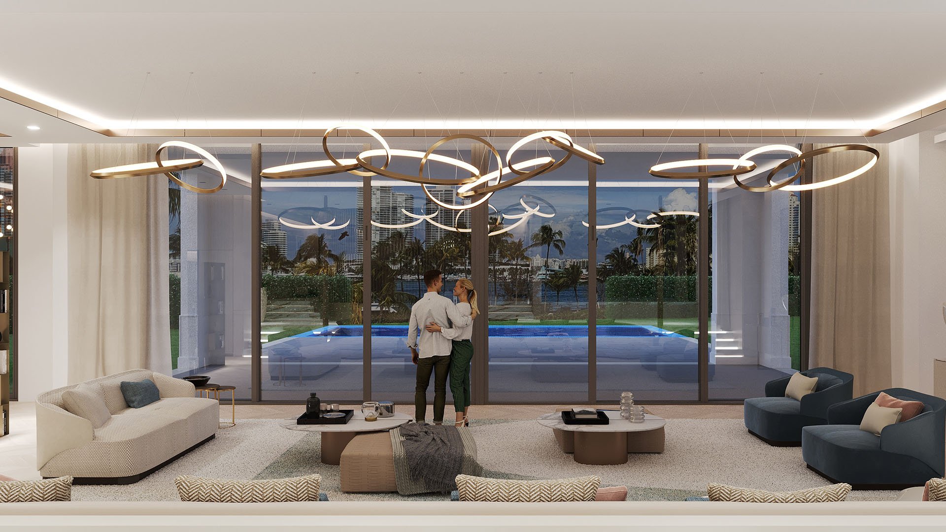 The Links Estates, Fisher Island, Miami Beach, Florida symmetrical living room panorama at night with glass wall, lit pool and waterfront backdrop, highlighting luxury and ultra luxury preconstruction condos.