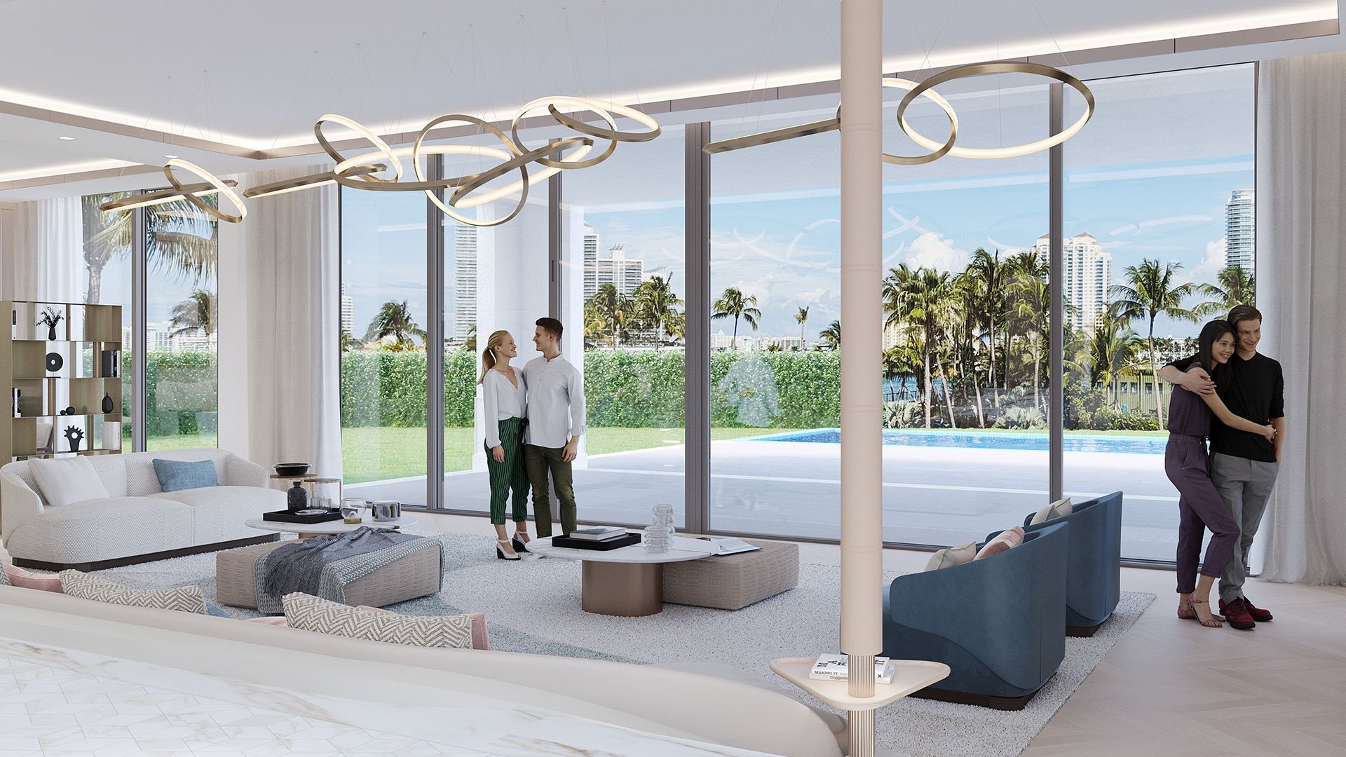 The Links Estates, Fisher Island, Miami Beach, Florida wide-angle living room with glass walls, pool deck, palm trees and waterfront views, showcasing luxury and ultra luxury preconstruction condos.