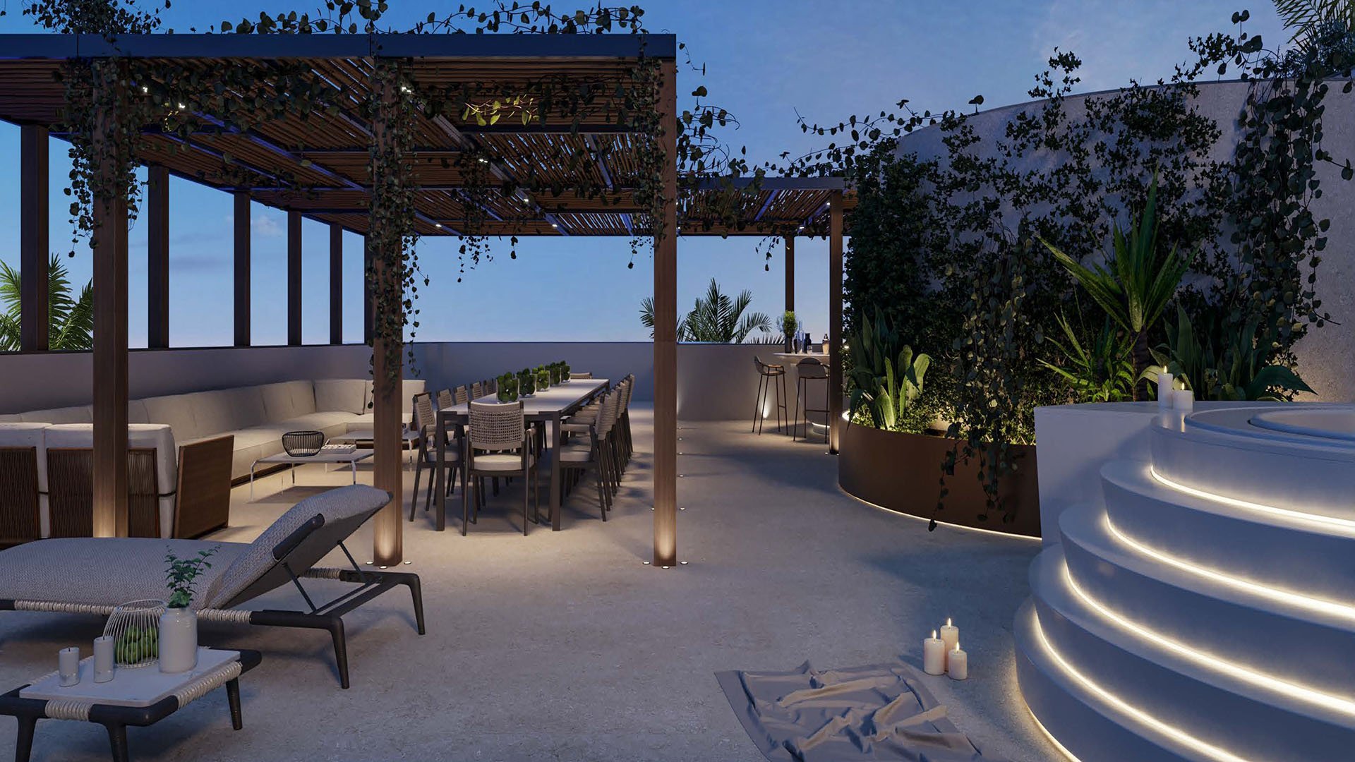 The Links Estates, Fisher Island, Miami Beach, Florida rooftop terrace at night with pergola dining lounge, outdoor bar, hot tub and LED step lighting, highlighting luxury and ultra luxury preconstruction condos.