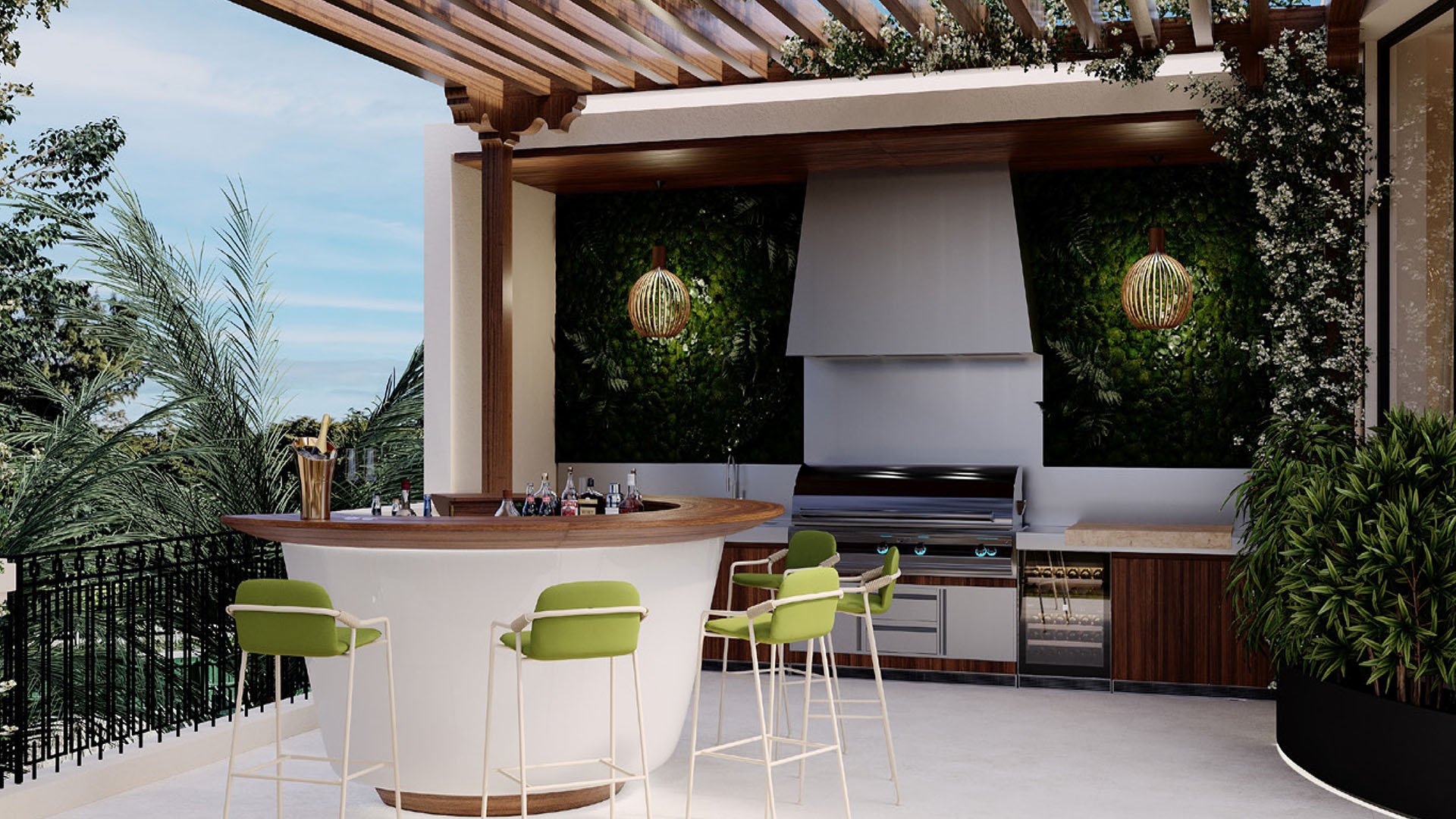 The Links Estates, Fisher Island, Miami Beach, Florida summer kitchen under pergola with curved bar island, built-in grill, green stools and vertical garden, showcasing luxury and ultra luxury preconstruction condos.