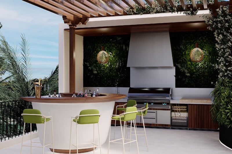 The Links Estates, Fisher Island, Miami Beach, Florida summer kitchen under pergola with curved bar island, built-in grill, green stools and vertical garden, showcasing luxury and ultra luxury preconstruction condos.