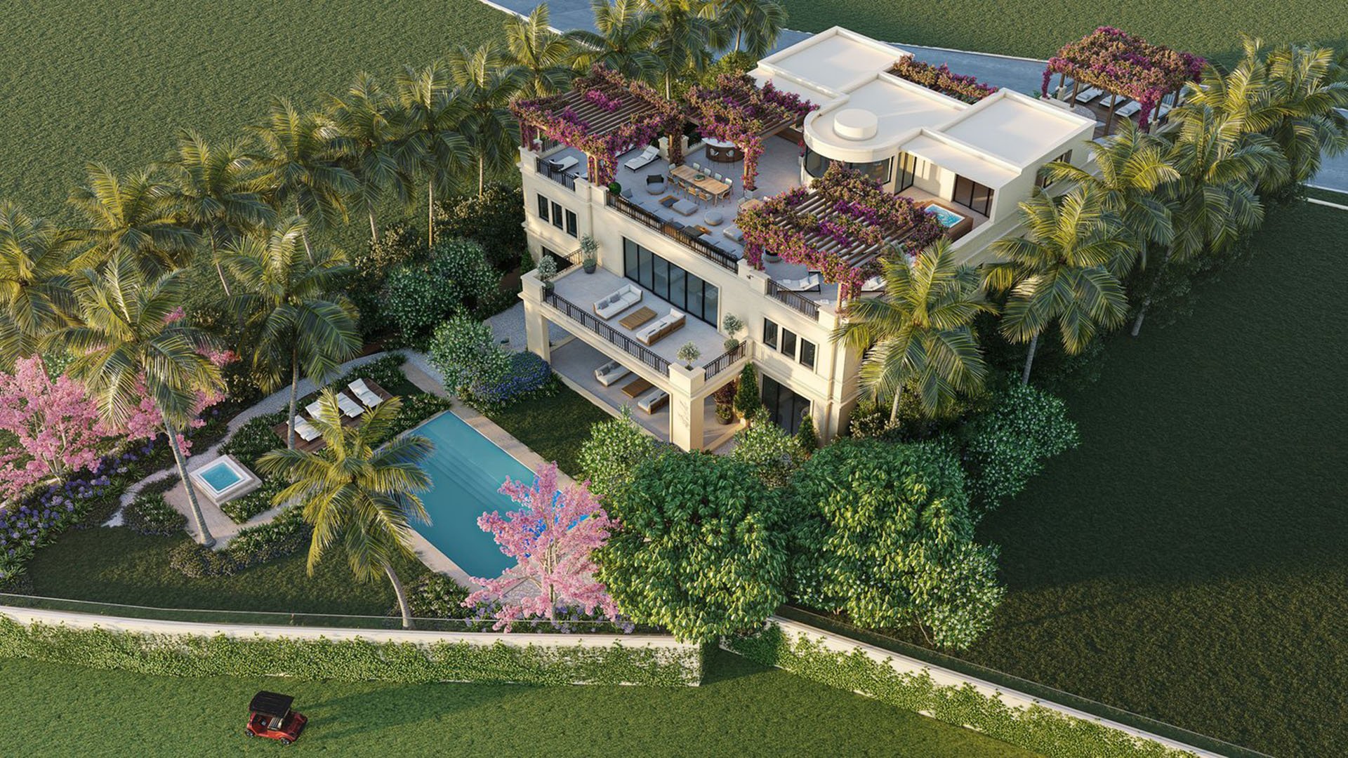 The Links Estates, Fisher Island, Miami Beach, Florida aerial backyard view with lap pool, spa, rooftop terrace and bougainvillea pergolas, showcasing luxury and ultra luxury preconstruction condos and estate living.