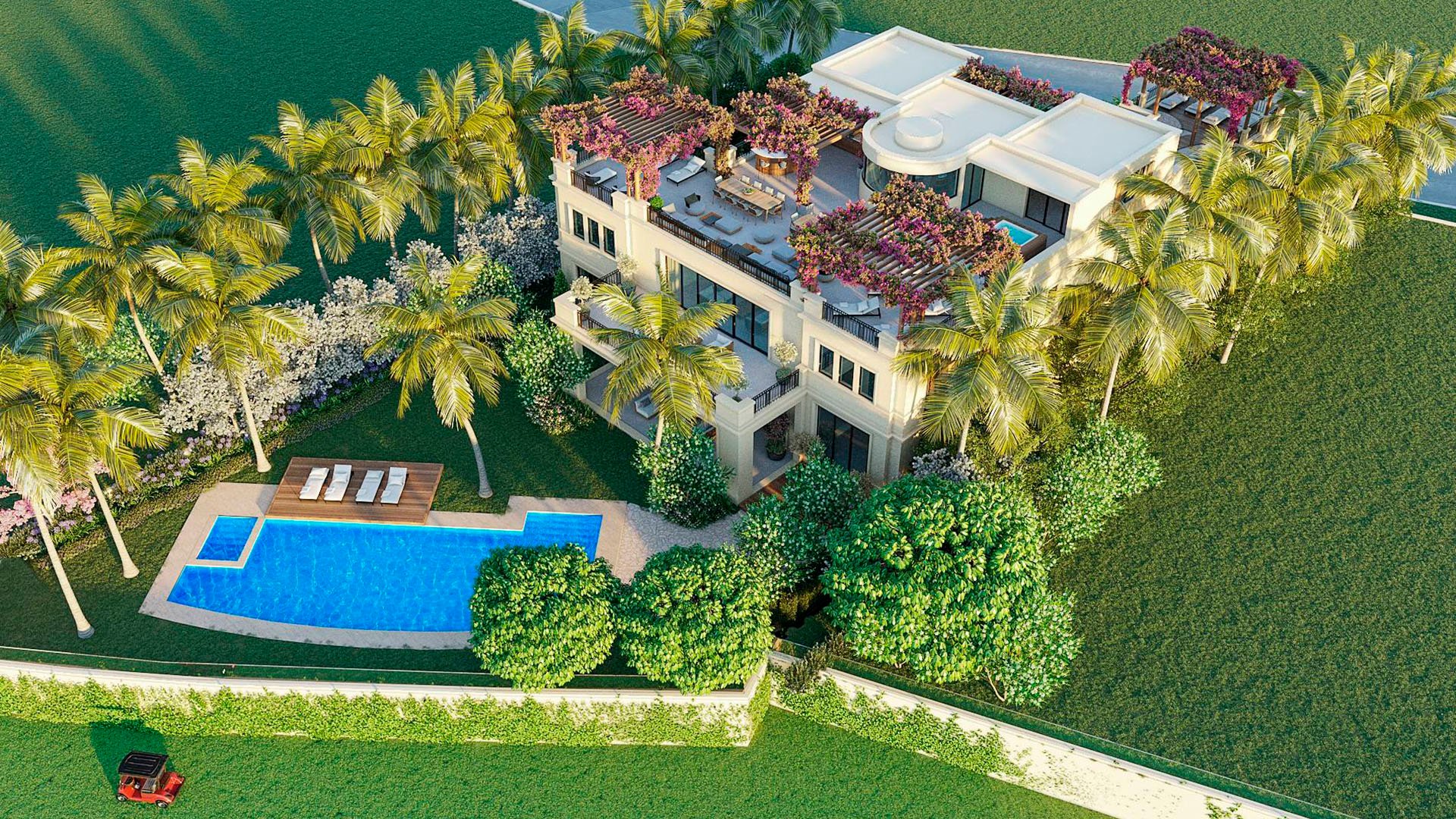 Aerial backyard of The Links Estates on Fisher Island, Miami Beach, Florida, with waterfront pool, palms, and rooftop bougainvillea pergola terraces - luxury and ultra luxury preconstruction condos and villa estate lifestyle.
