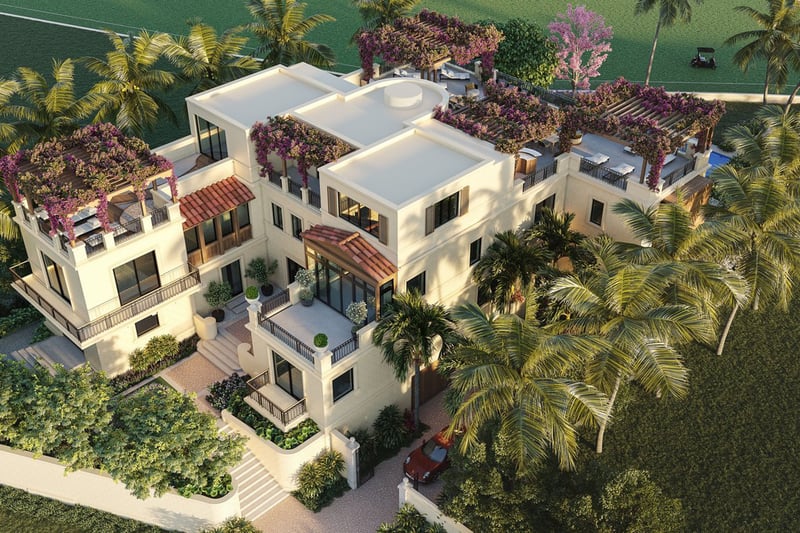 Aerial front entrance at The Links Estates, Fisher Island, Miami Beach, Florida, featuring gated driveway, rooftop garden terraces, palms, and bougainvillea pergolas - luxury and ultra luxury preconstruction condos and villa residences.