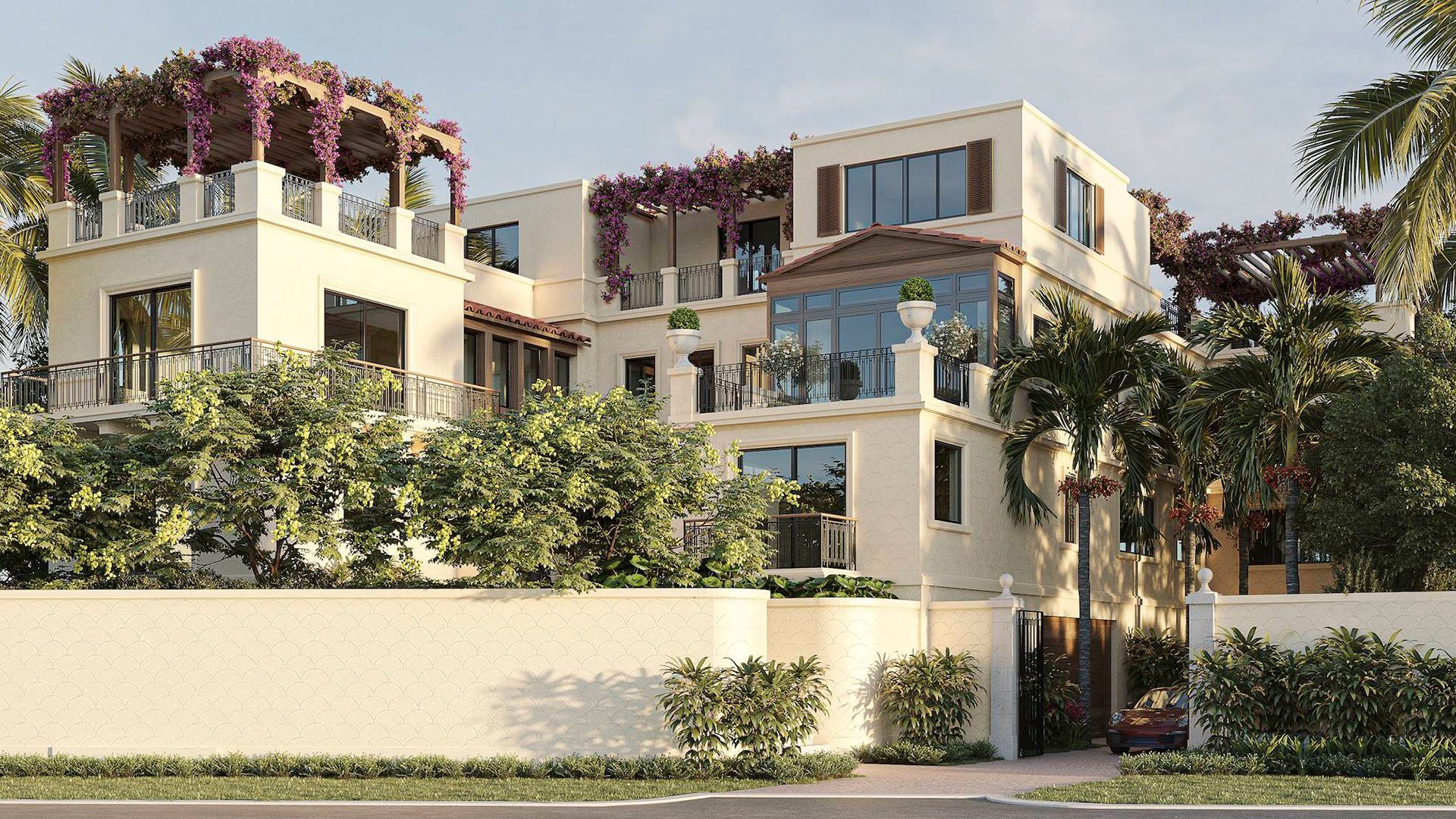 Street-view entrance gate for The Links Estates, Fisher Island, Miami Beach, Florida, with private driveway, palms, and rooftop pergolas draped in bougainvillea - luxury and ultra luxury preconstruction condos and villa estate design.
