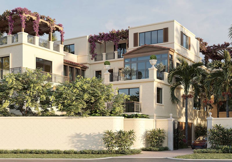 Street-view entrance gate for The Links Estates, Fisher Island, Miami Beach, Florida, with private driveway, palms, and rooftop pergolas draped in bougainvillea - luxury and ultra luxury preconstruction condos and villa estate design.