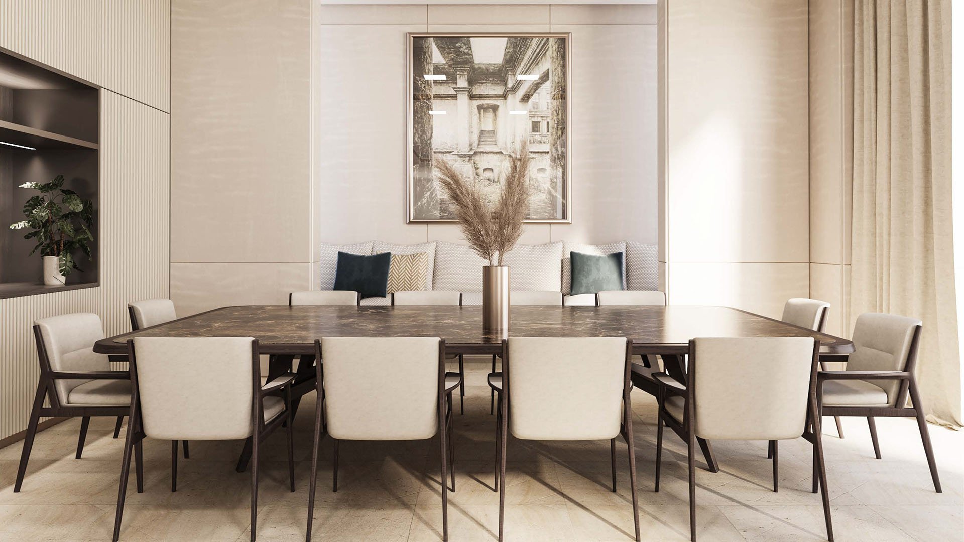 Formal dining room at The Links Estates, Fisher Island, Miami Beach, Florida, with long stone table and upholstered chairs in a modern minimalist interior - luxury and ultra luxury preconstruction condos and villa residence finishes.
