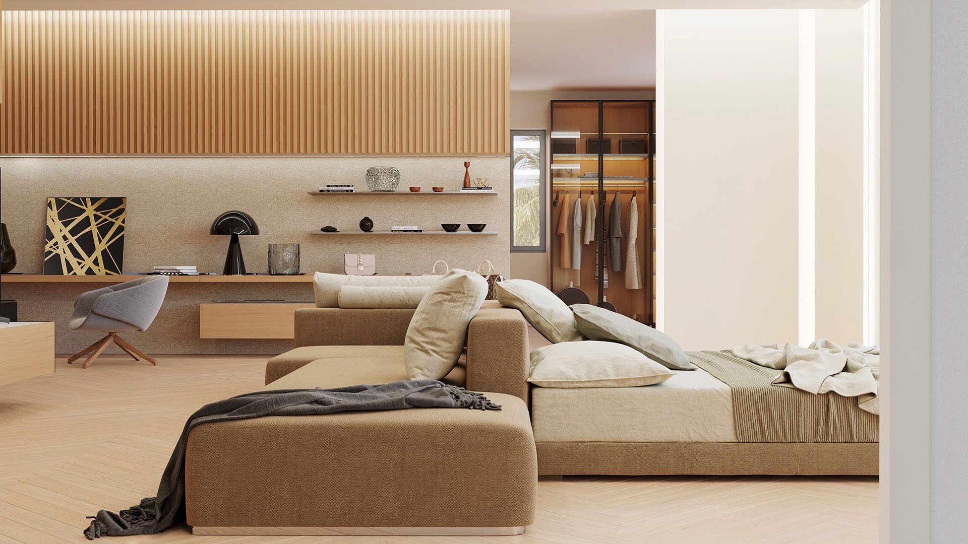 Open-plan bedroom suite at The Links Estates, Fisher Island, Miami Beach, Florida, with chaise lounge, platform bed, wood-slat accent wall, built-in desk, and walk-in closet - ultra luxury preconstruction condos and villa interiors.