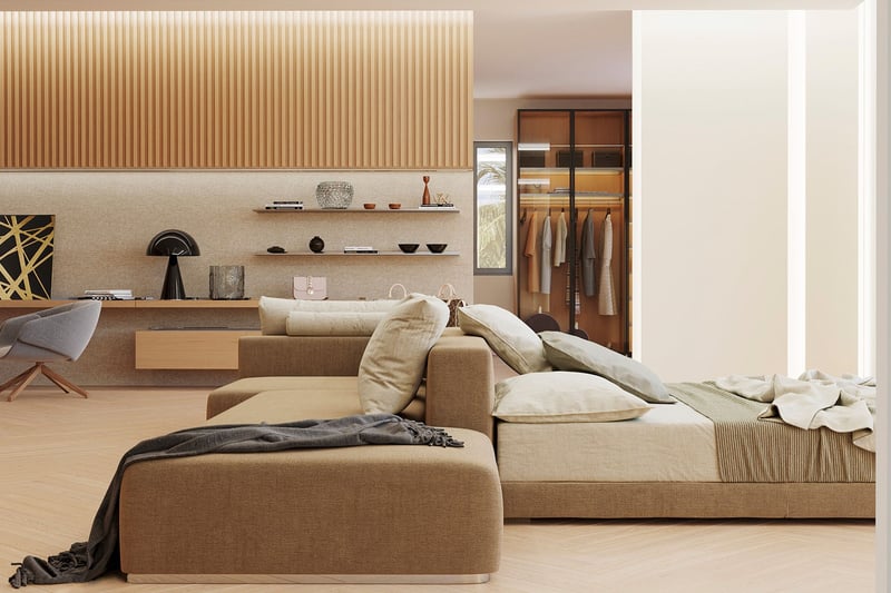 Open-plan bedroom suite at The Links Estates, Fisher Island, Miami Beach, Florida, with chaise lounge, platform bed, wood-slat accent wall, built-in desk, and walk-in closet - ultra luxury preconstruction condos and villa interiors.