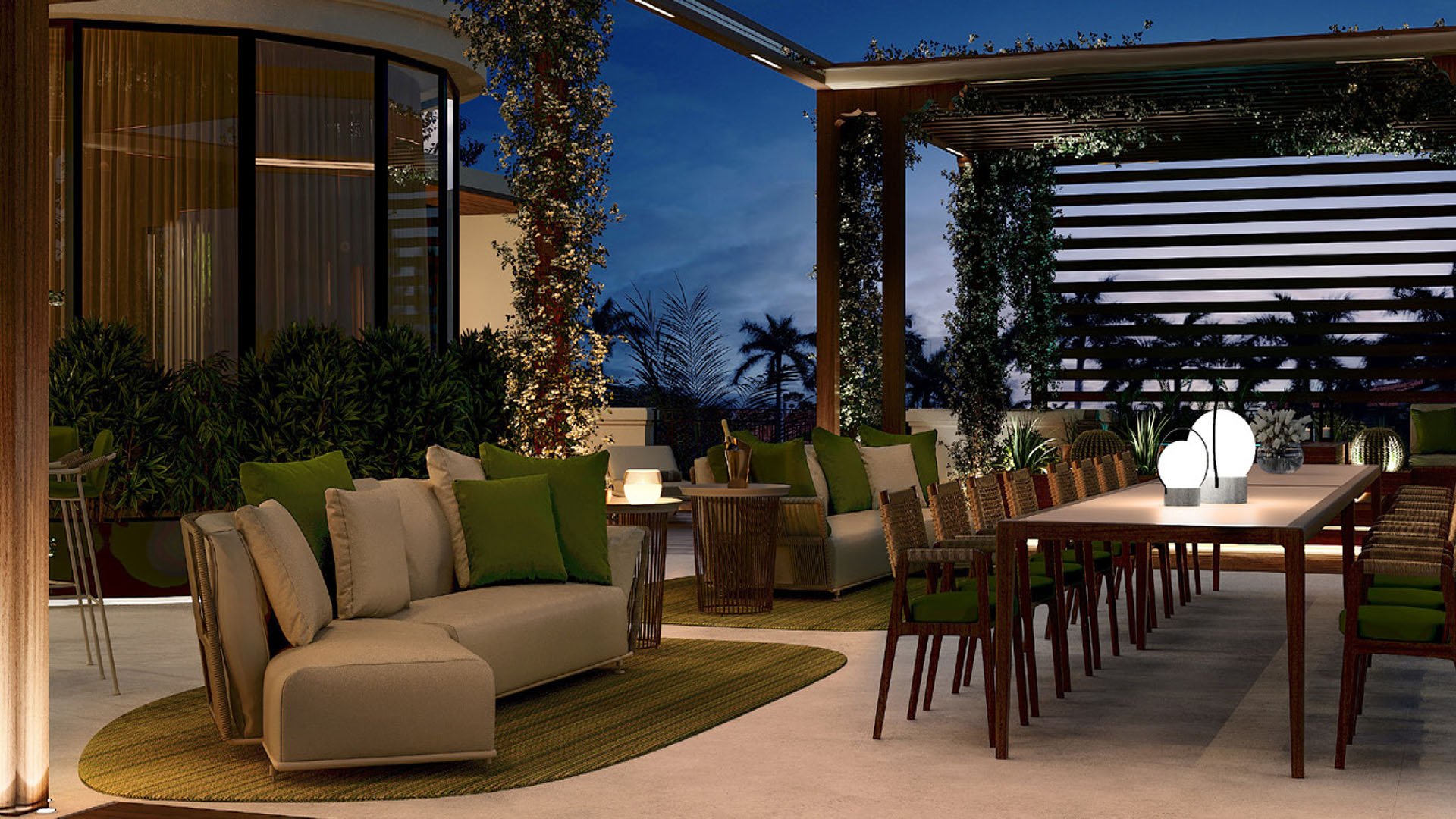 Night rooftop-style terrace lounge at The Links Estates on Fisher Island, Miami Beach, Florida, with pergola slat roof, long dining table, green pillows, and warm lighting - luxury and ultra luxury preconstruction condos and villa amenities.