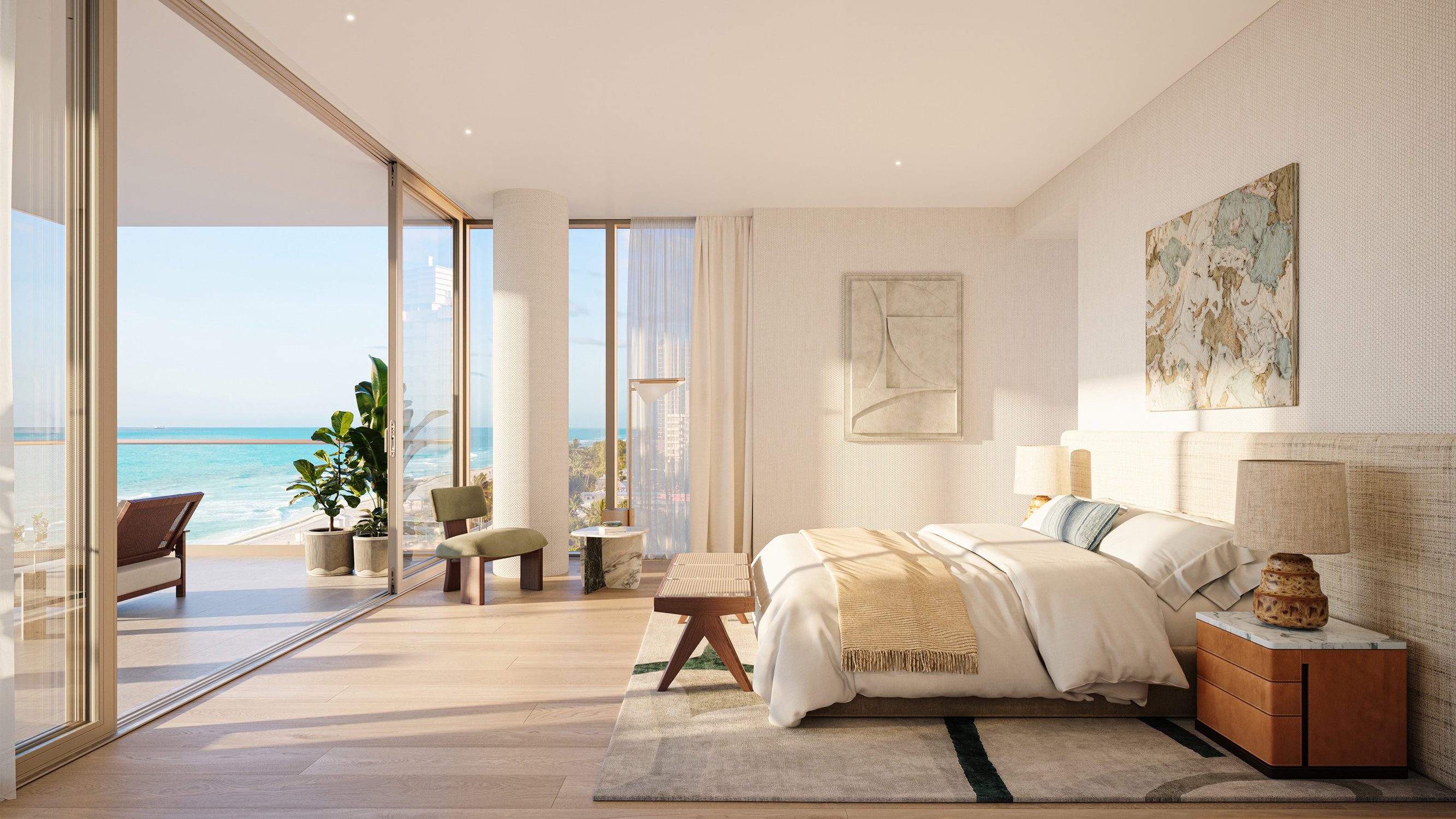 The Perigon Miami Beach beachfront bedroom interior with floor‑to‑ceiling glass, oceanfront luxury and ultra luxury condos; preconstruction. Featuring design.