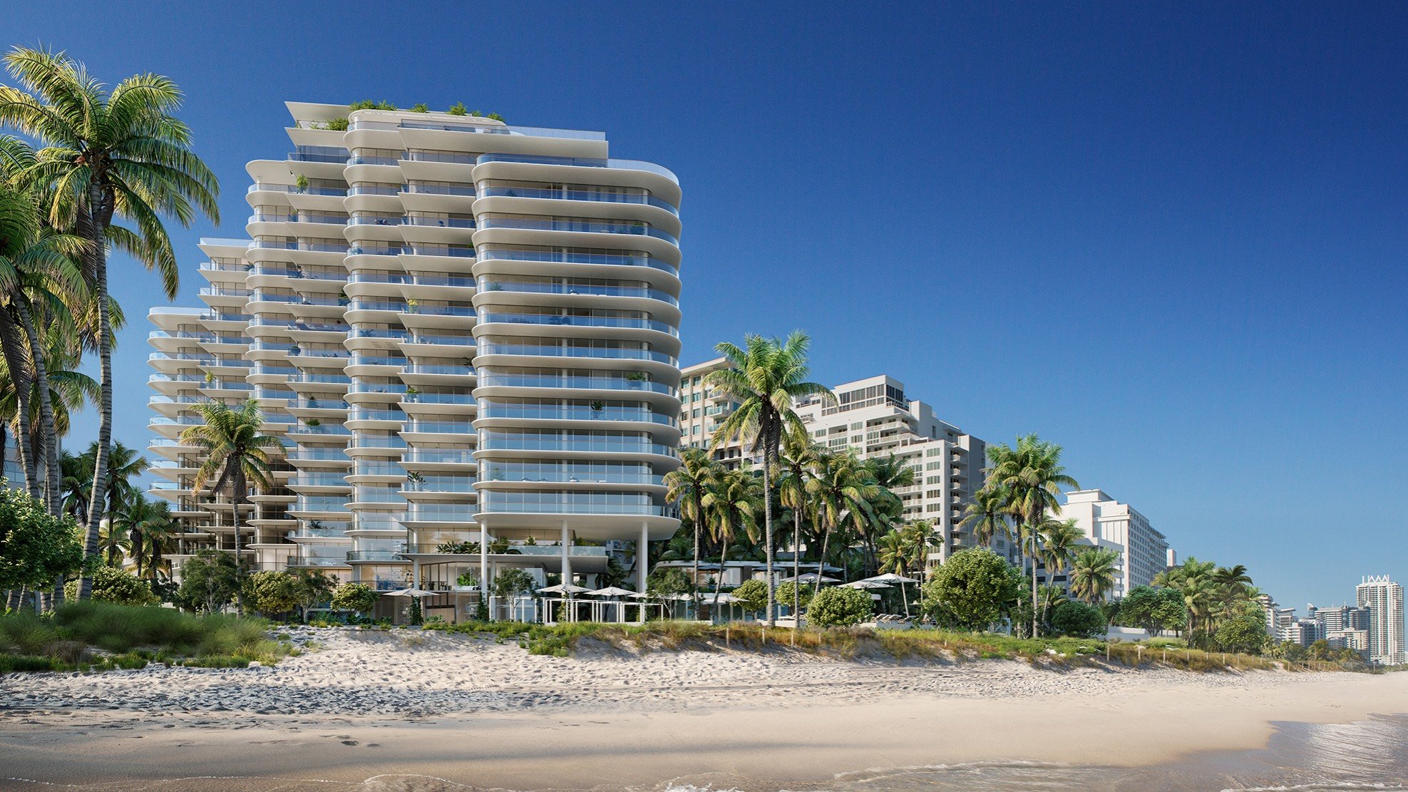 The Perigon Miami Beach modern beachfront apartment complex—iconic address of luxury and ultra luxury condos; preconstruction.