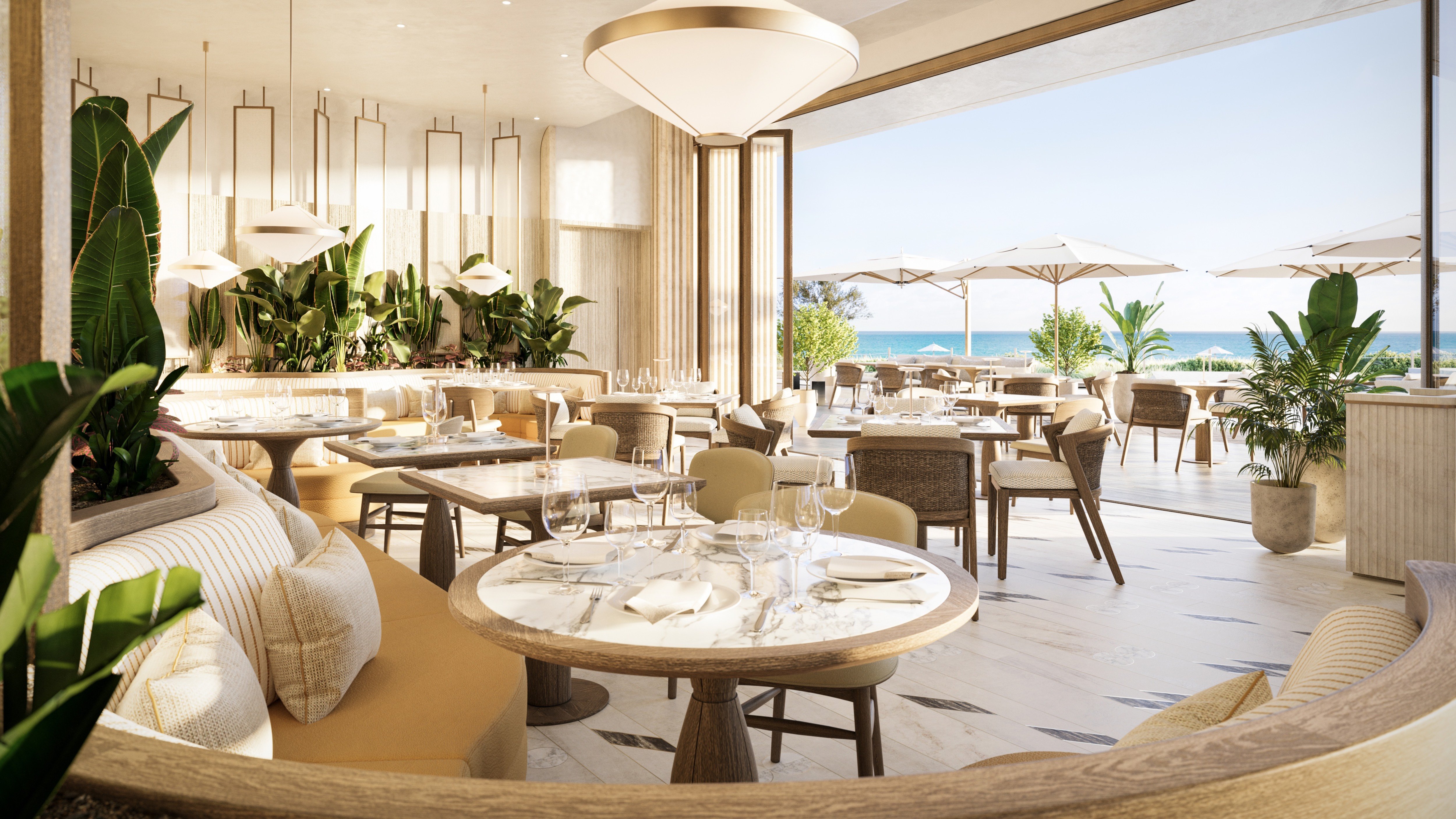 The Perigon Miami Beach coastal restaurant interior—chef‑driven amenity for luxury and ultra luxury condos; preconstruction.