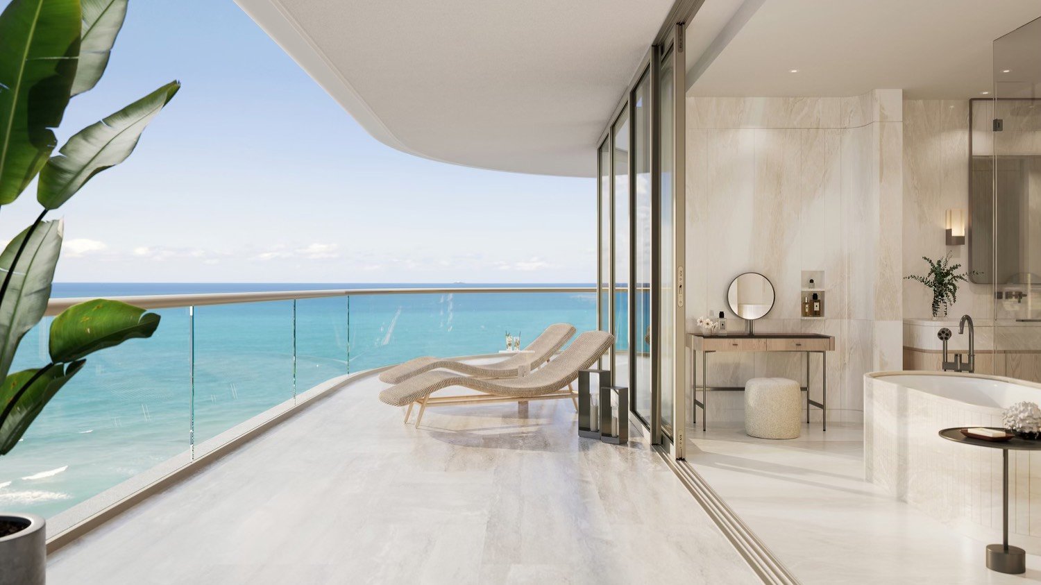The Perigon Miami Beach luxury balcony with ocean view, indoor‑outdoor living for ultra luxury and luxury condos; preconstruction.