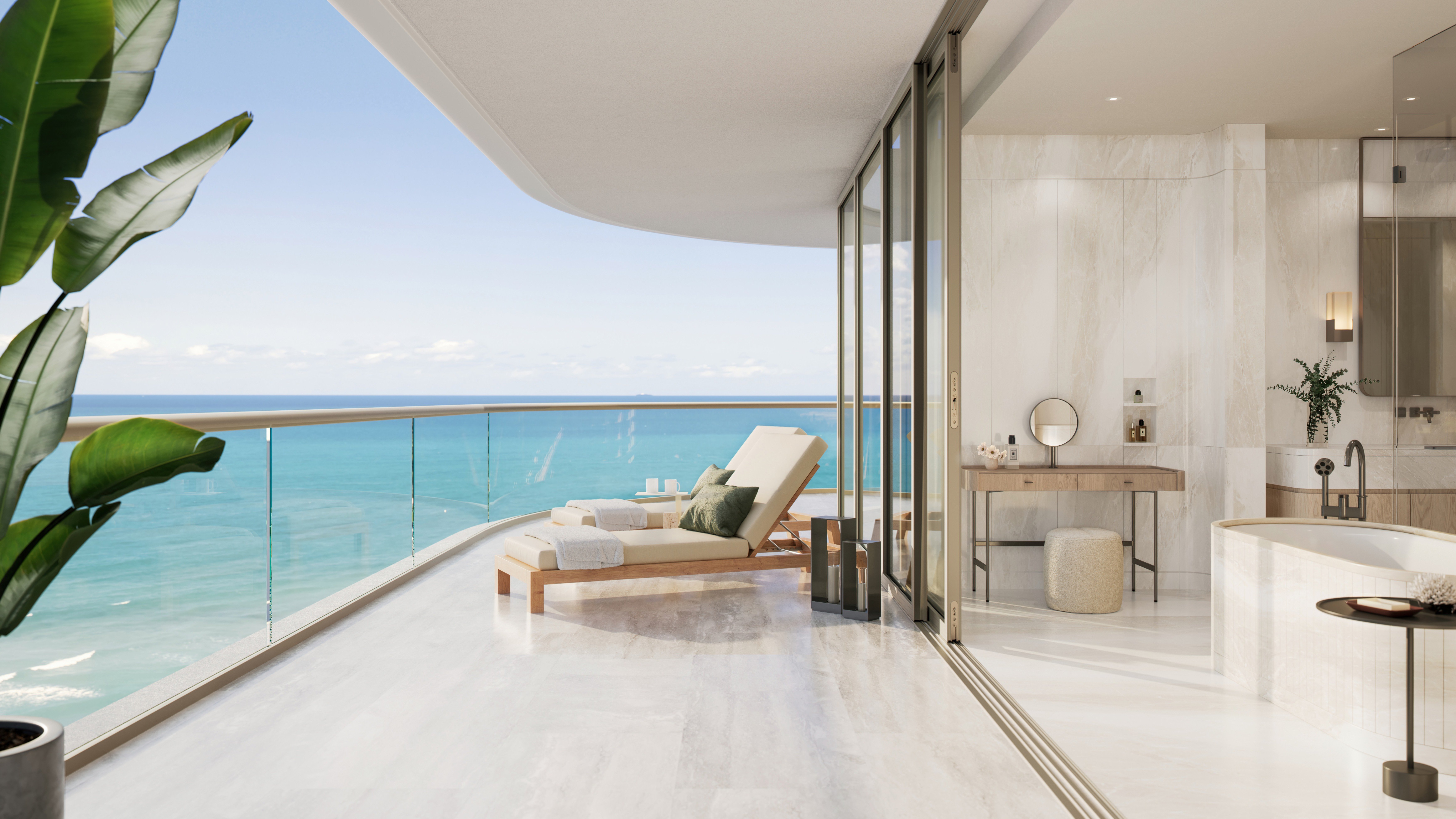 The Perigon Miami Beach oceanfront balcony with sweeping Atlantic view. Miami Beach luxury and ultra luxury condos, preconstruction. Featuring ocean.