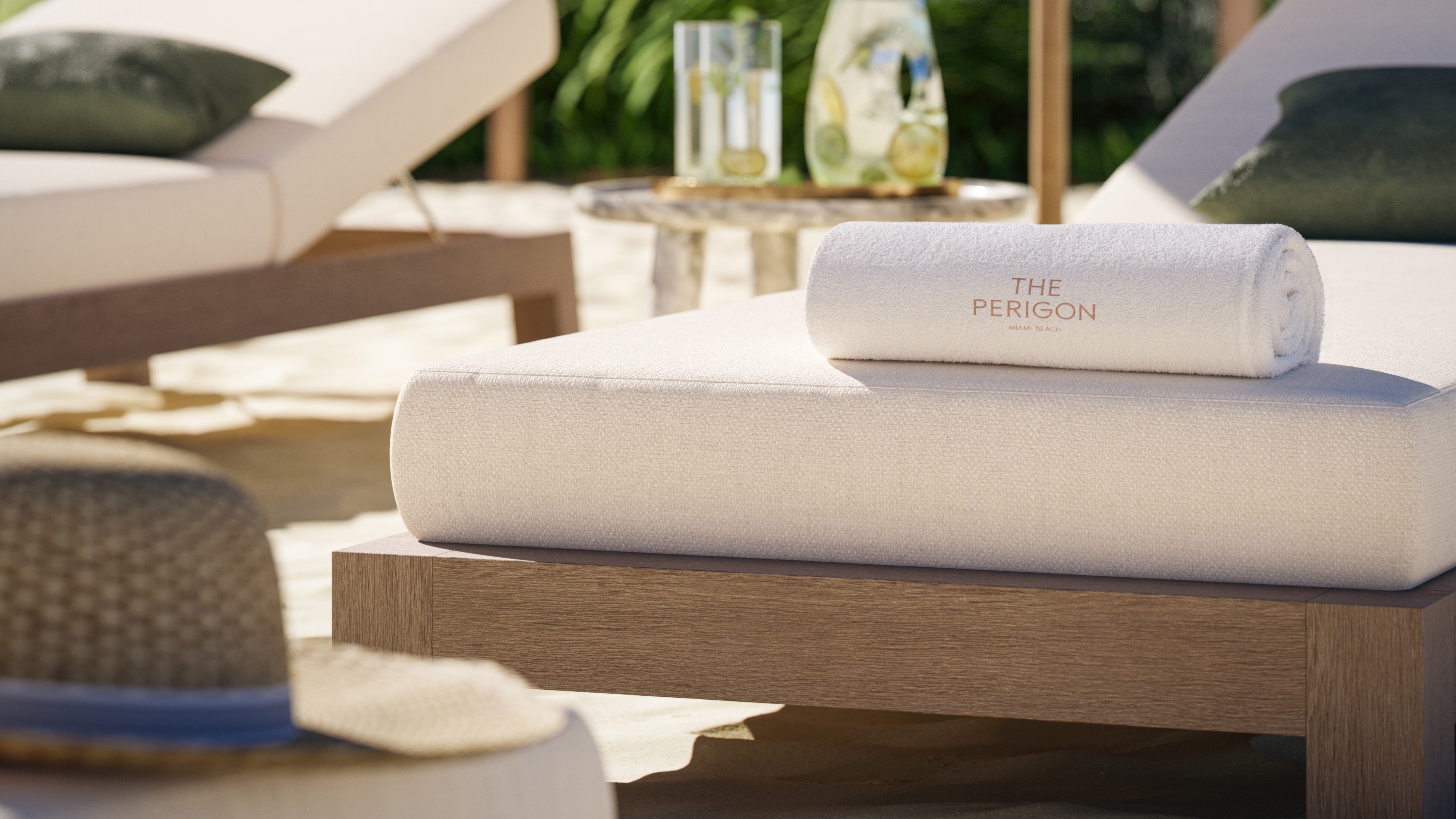 The Perigon Miami Beach beach lounge on the sand—Miami Beach resort lifestyle for luxury and ultra luxury condos, preconstruction.