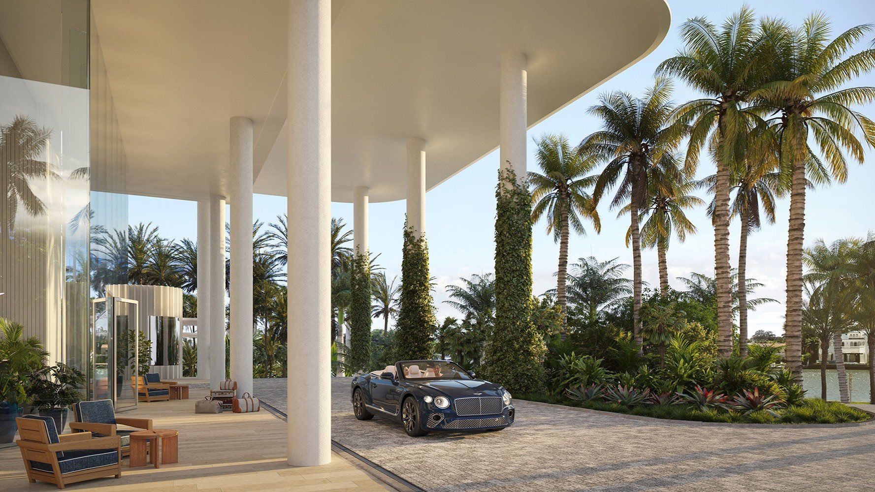 The Perigon Miami Beach palm‑lined entrance with luxury car. Miami Beach address for luxury and ultra luxury condos, preconstruction. Featuring home and exterior.