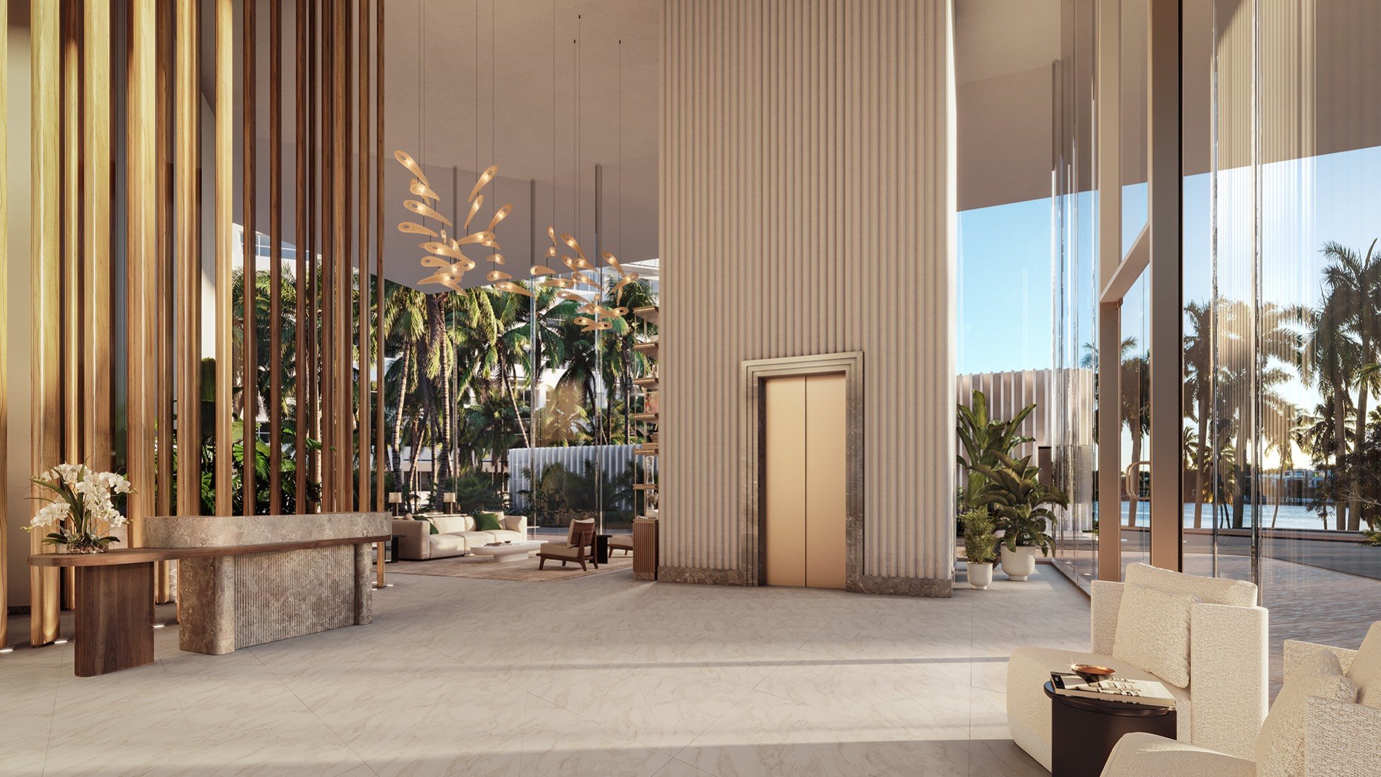 The Perigon Miami Beach hotel‑style lobby with sculptural design. Miami Beach luxury and ultra luxury condos, preconstruction. Featuring interior.