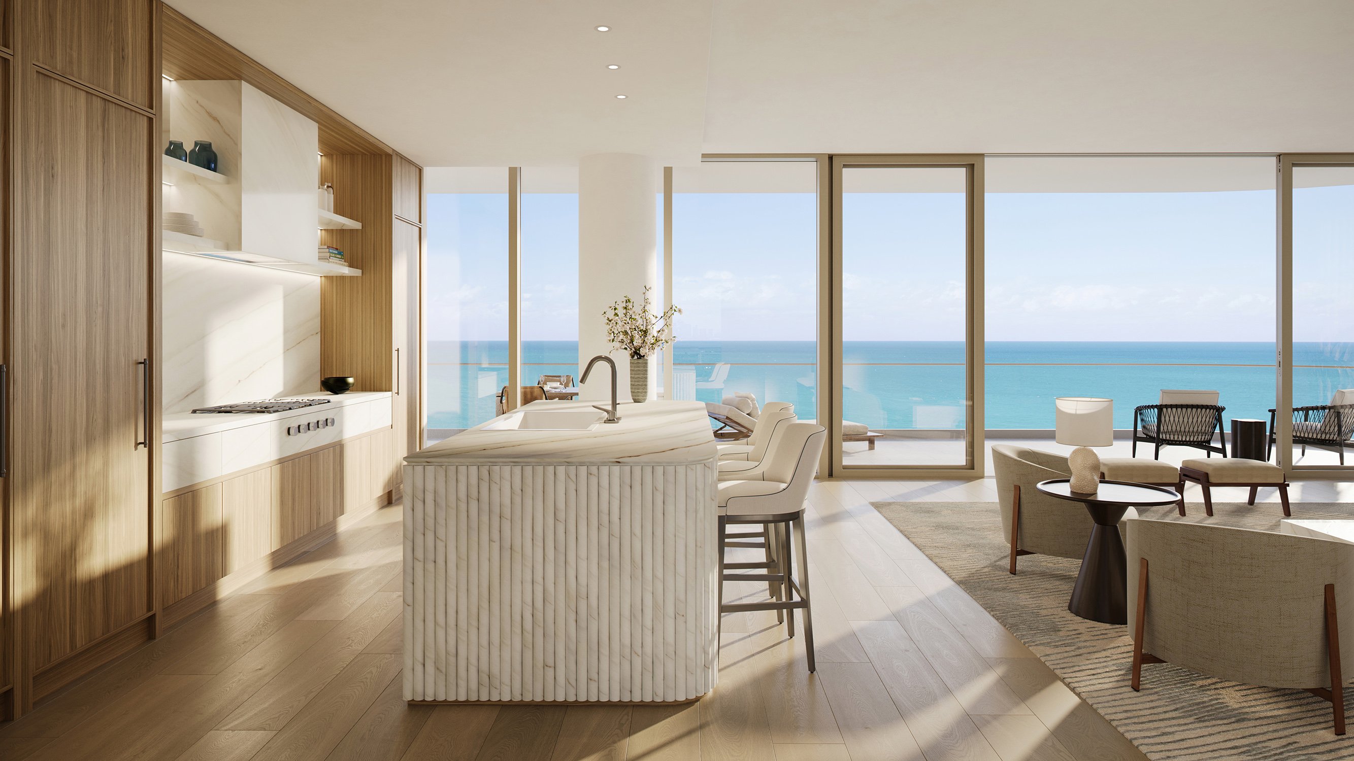 The Perigon Miami Beach kitchen with seaside view and designer finishes. Miami Beach luxury and ultra luxury condos, preconstruction.