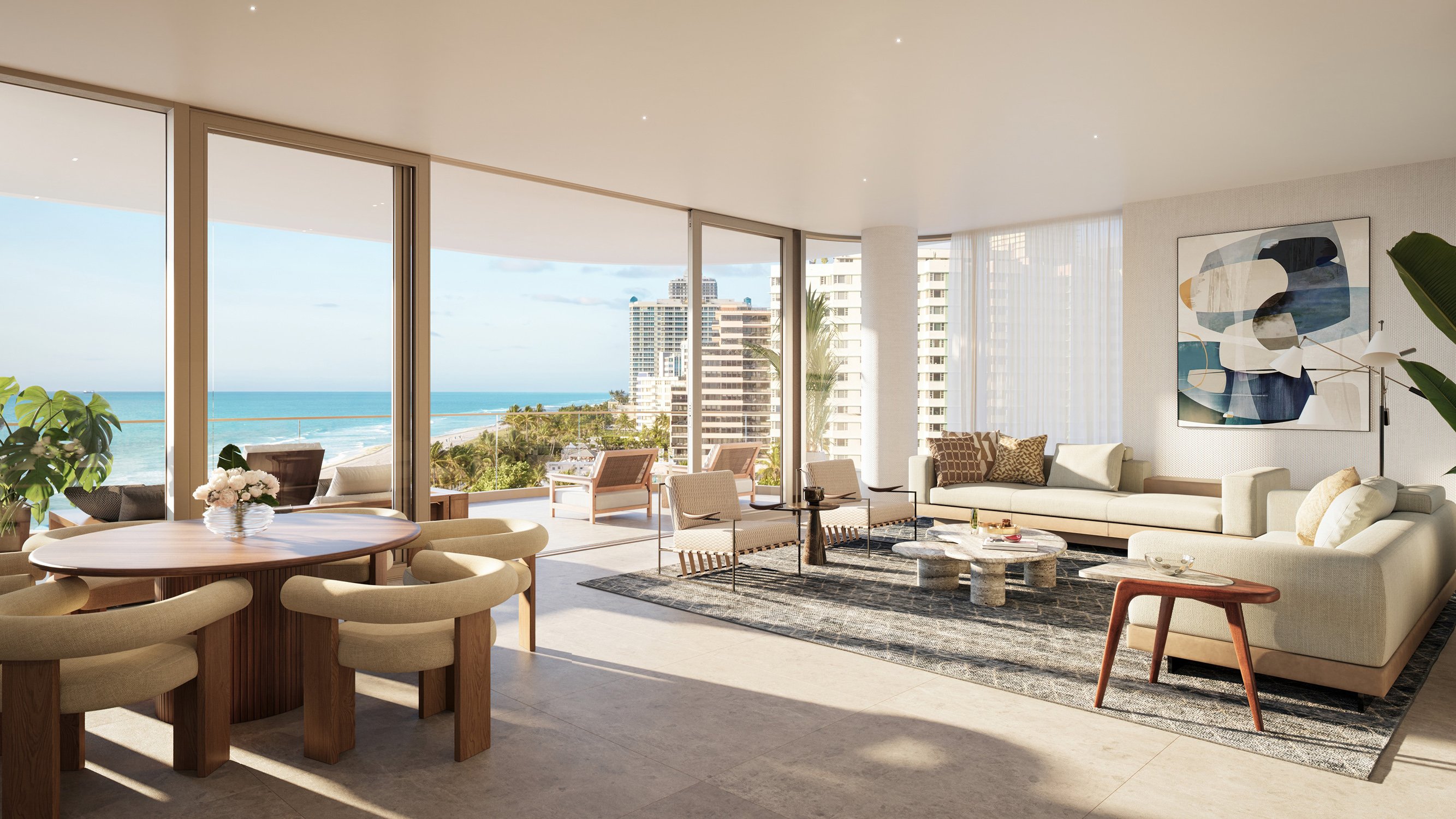 The Perigon Miami Beach living room with full ocean view. Miami Beach luxury and ultra luxury condos, preconstruction.