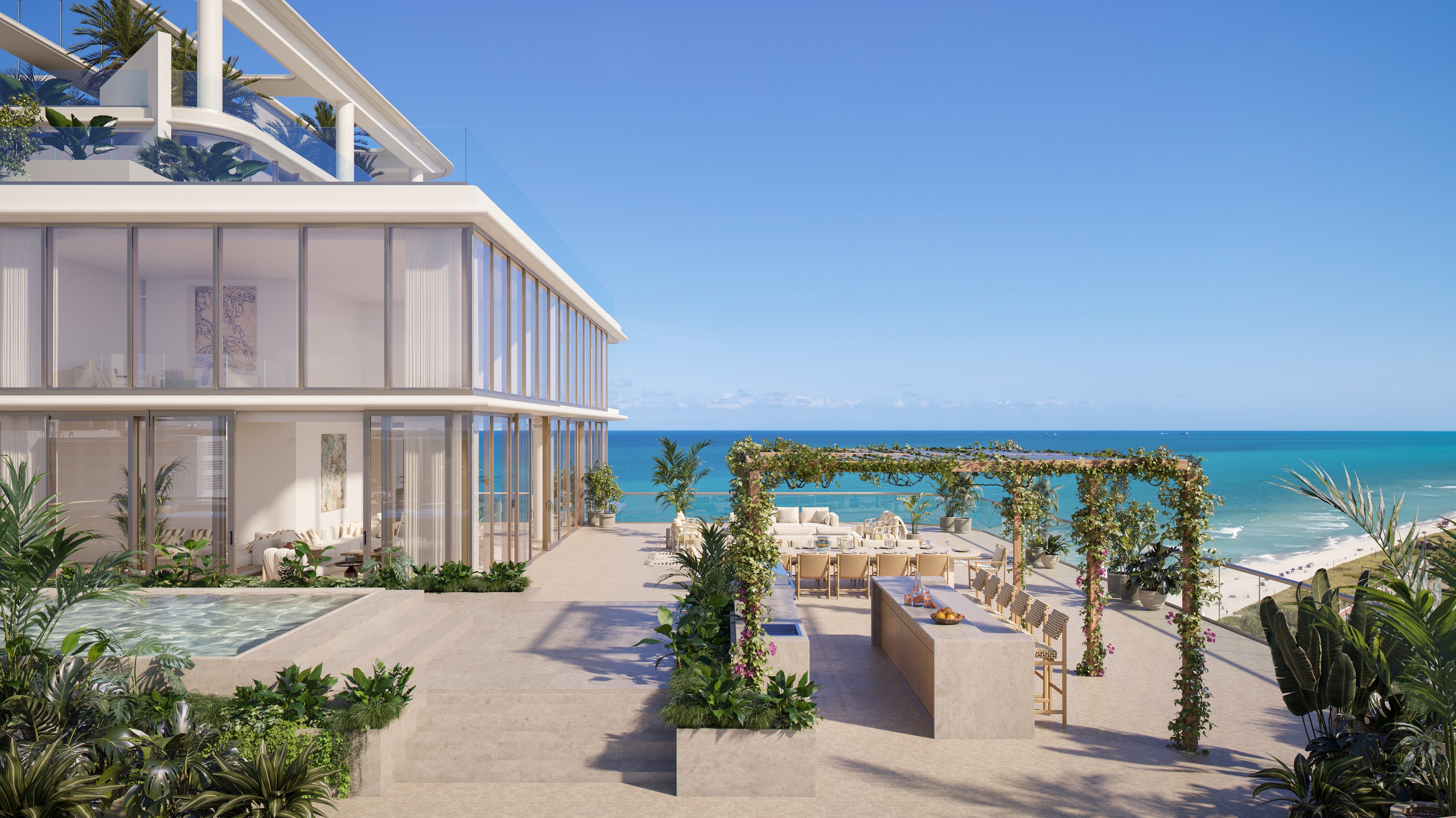 The Perigon Miami Beach oceanview patio and modern coastal architecture. Miami Beach luxury and ultra luxury condos, preconstruction.