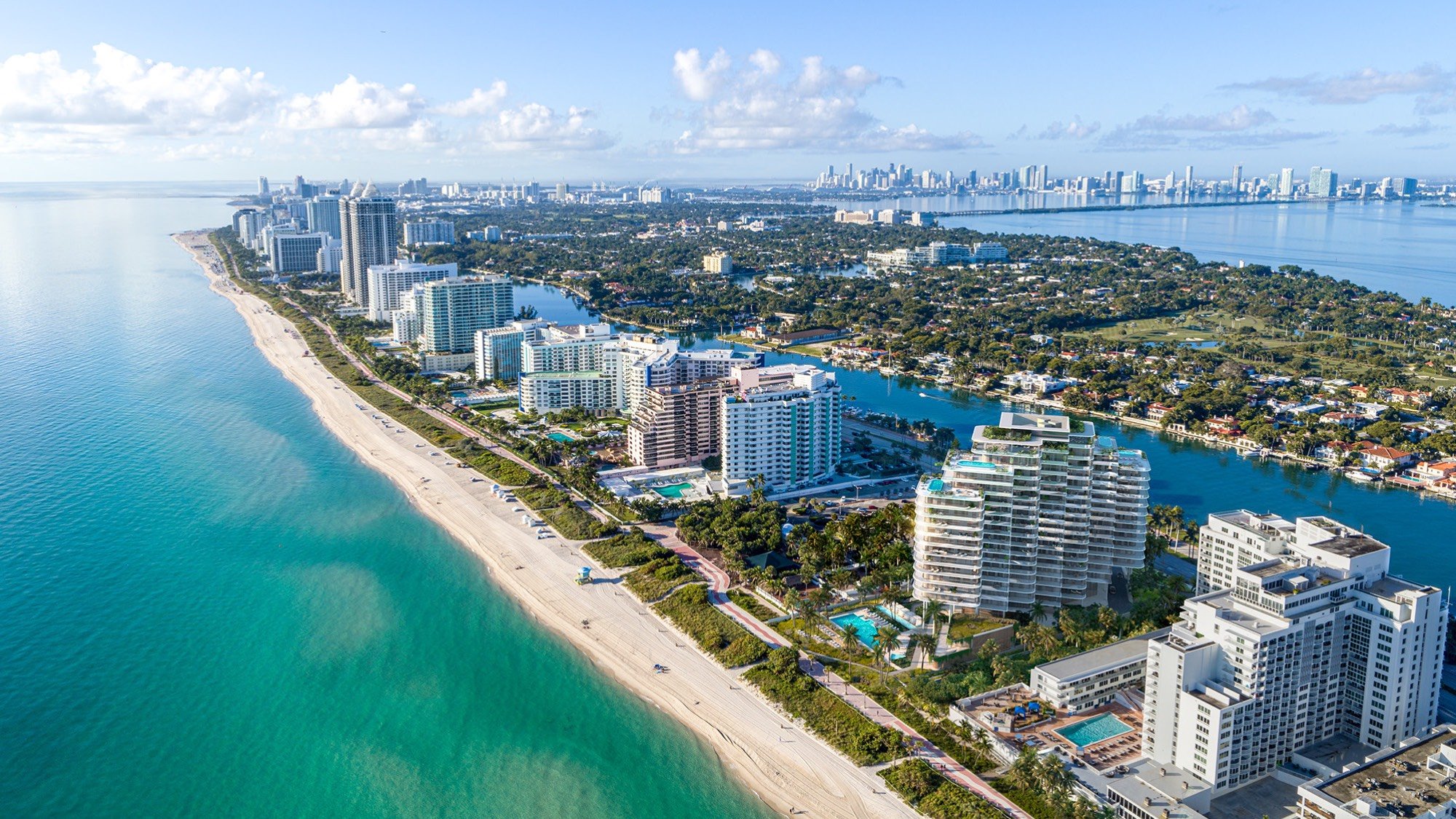 The Perigon Miami Beach aerial of Miami Beach coastline and towers. Miami Beach luxury and ultra luxury condos, preconstruction. Featuring view.