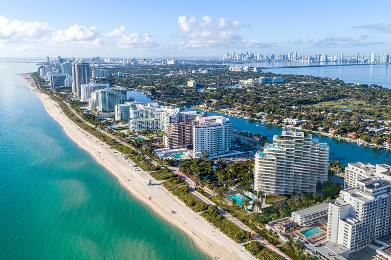 The Perigon Miami Beach aerial of Miami Beach coastline and towers. Miami Beach luxury and ultra luxury condos, preconstruction. Featuring view.