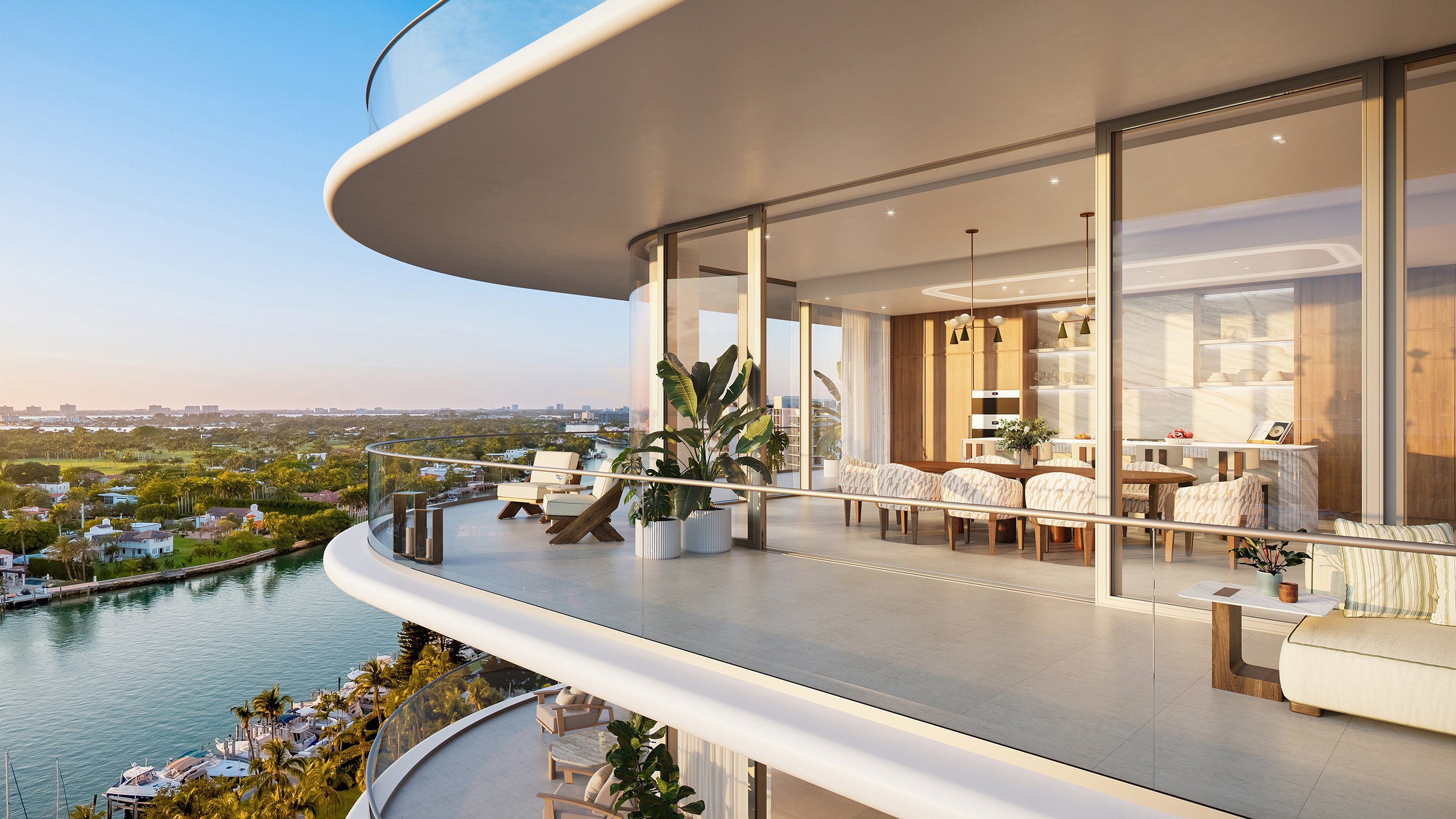 The Perigon Miami Beach modern balcony interior framing the waterfront. Miami Beach luxury and ultra luxury condos, preconstruction. Featuring view.
