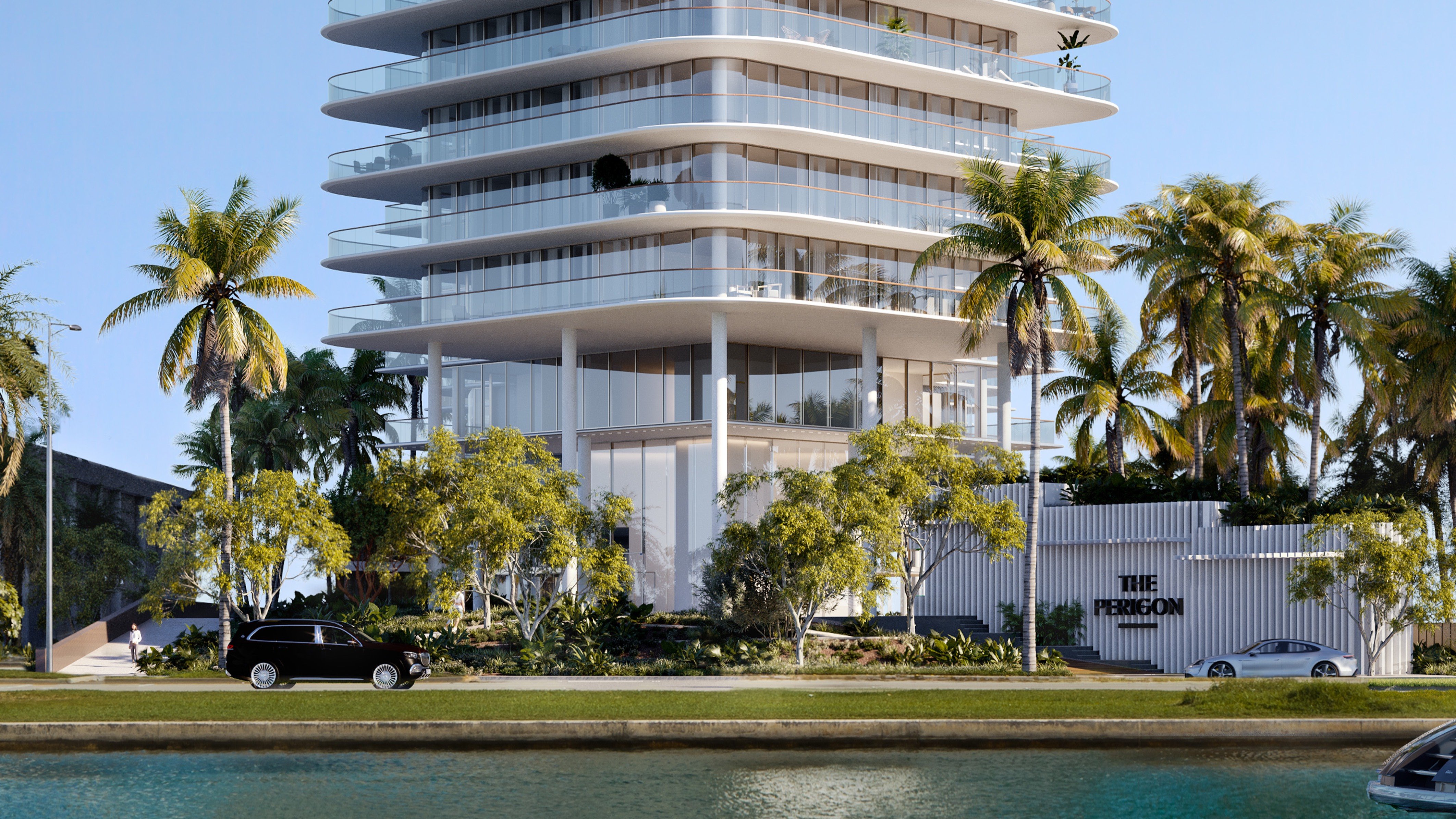 The Perigon Miami Beach modern waterfront architecture rising on the beach. Miami Beach luxury and ultra luxury condos, preconstruction. Featuring building.