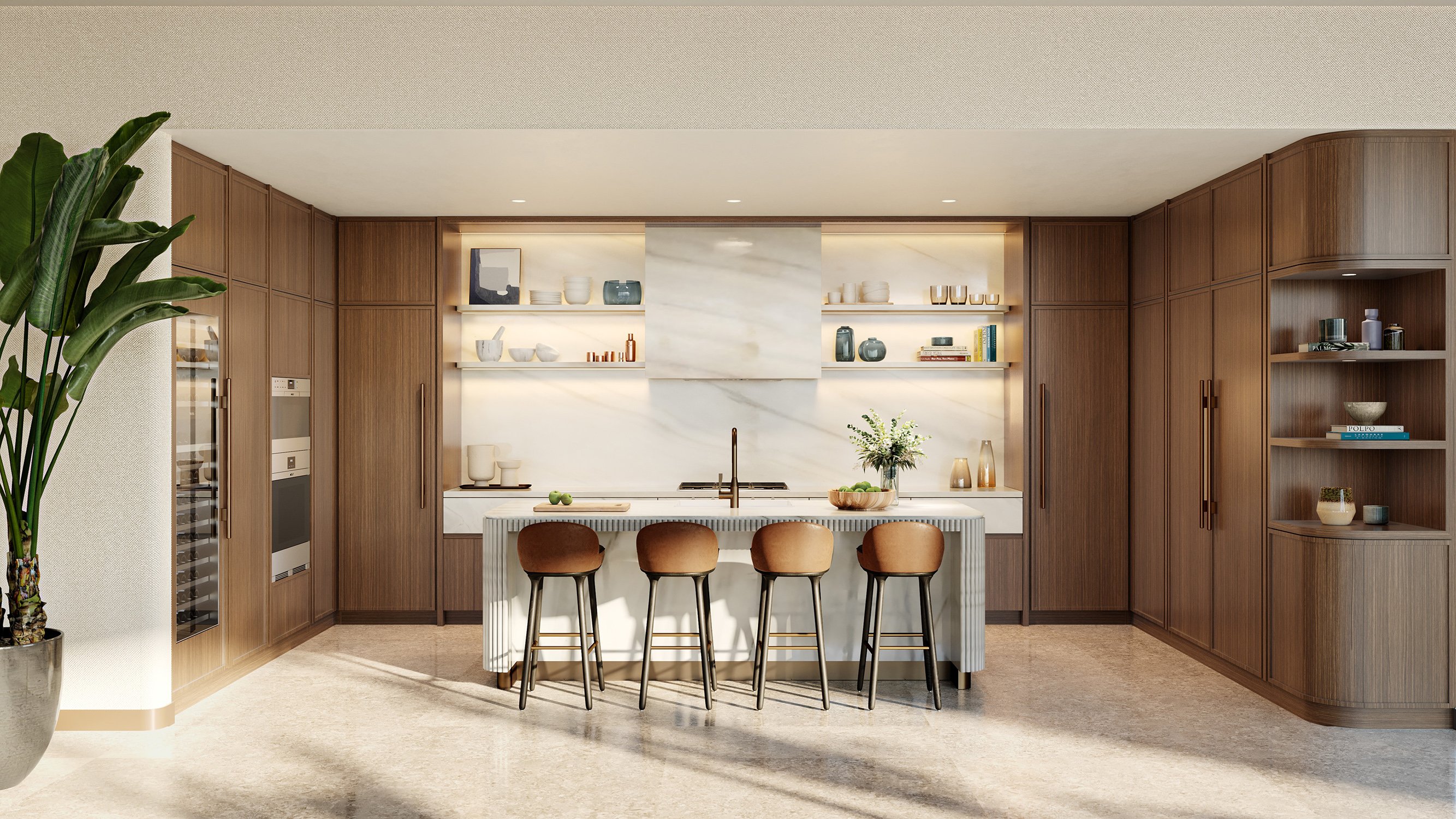The Perigon Miami Beach modern kitchen interior design with marble island. Miami Beach luxury and ultra luxury condos, preconstruction.
