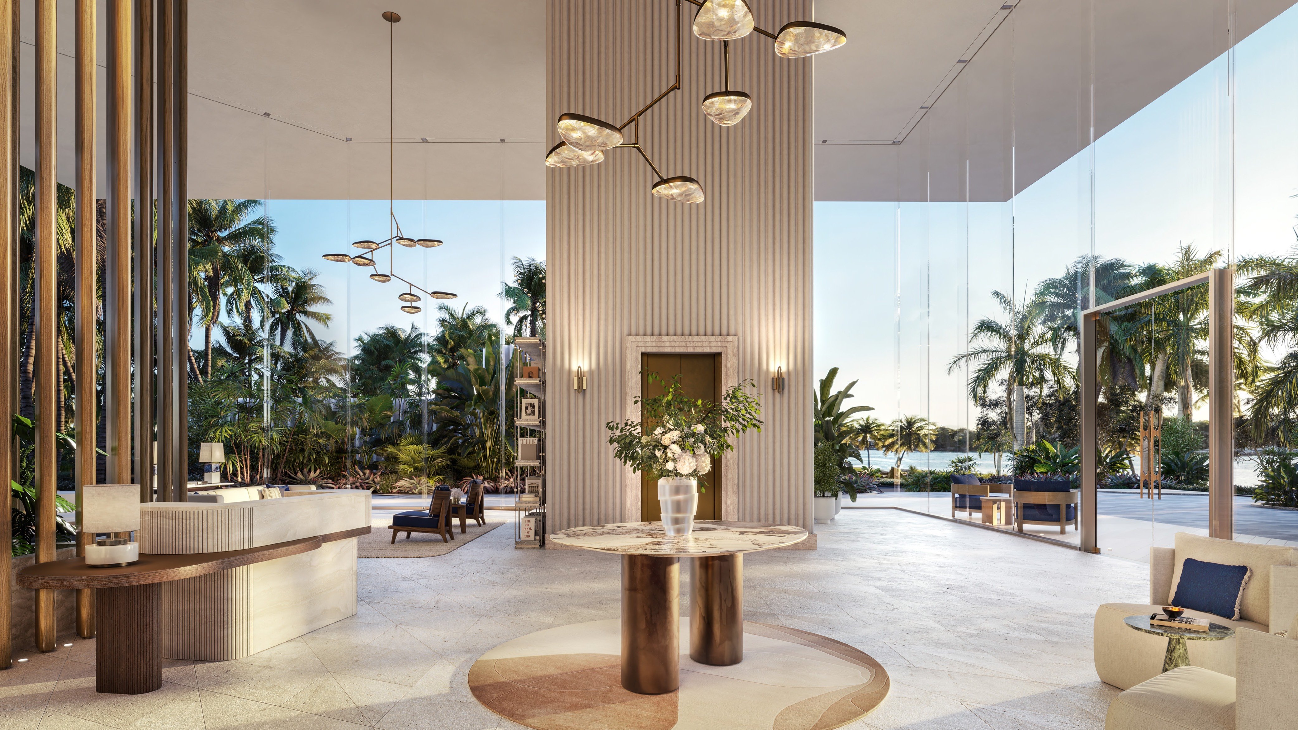 The Perigon Miami Beach lobby with palm trees, sculptural lines and natural light, oceanfront entrance for luxury and ultra luxury condos in Miami Beach; preconstruction. Featuring modern interior.