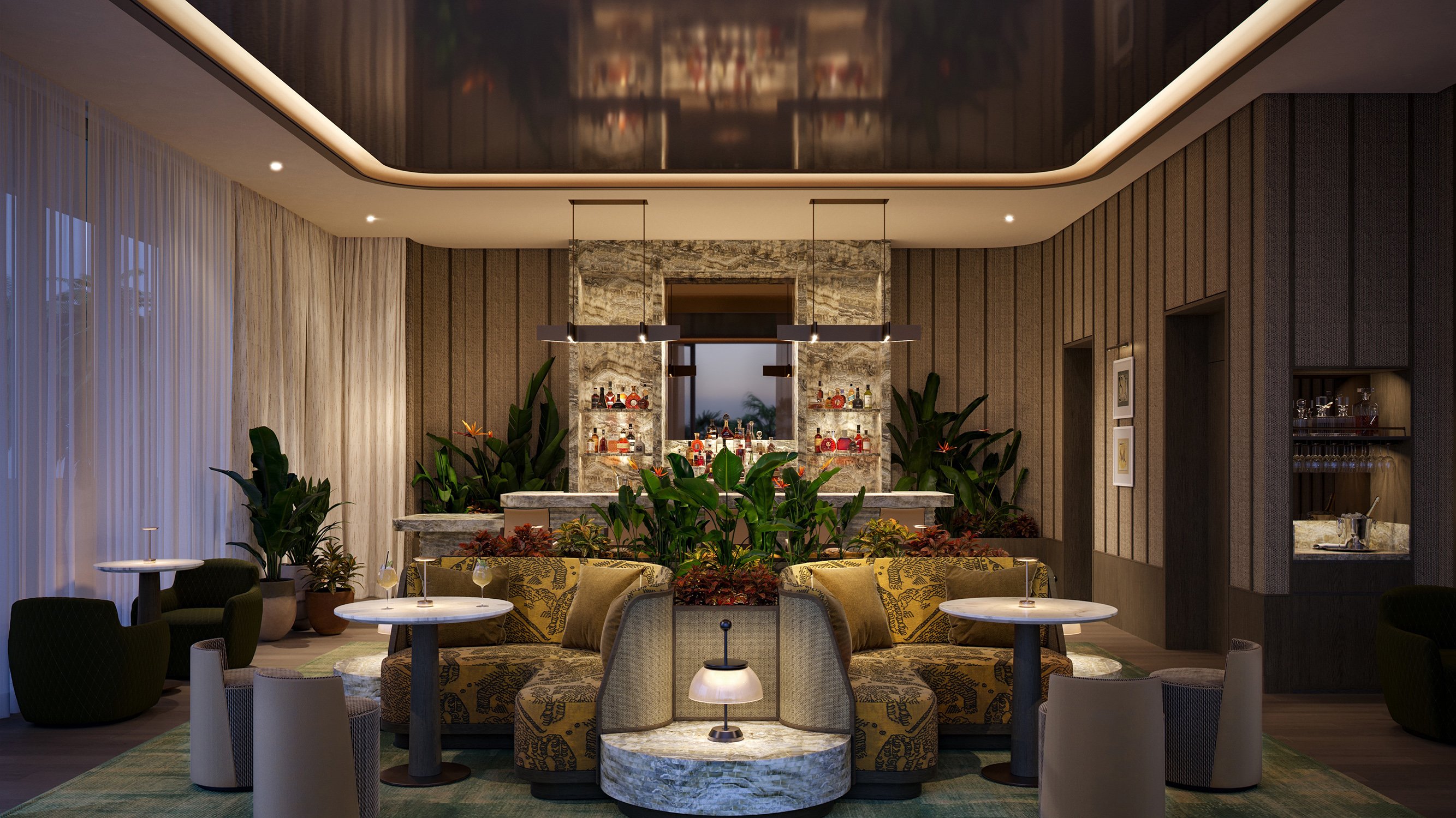 The Perigon Miami Beach modern lounge interior with bespoke seating and art, refined social space for luxury and ultra luxury condos in Miami Beach; preconstruction. Featuring design.