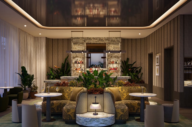 The Perigon Miami Beach modern lounge interior with bespoke seating and art, refined social space for luxury and ultra luxury condos in Miami Beach; preconstruction. Featuring design.