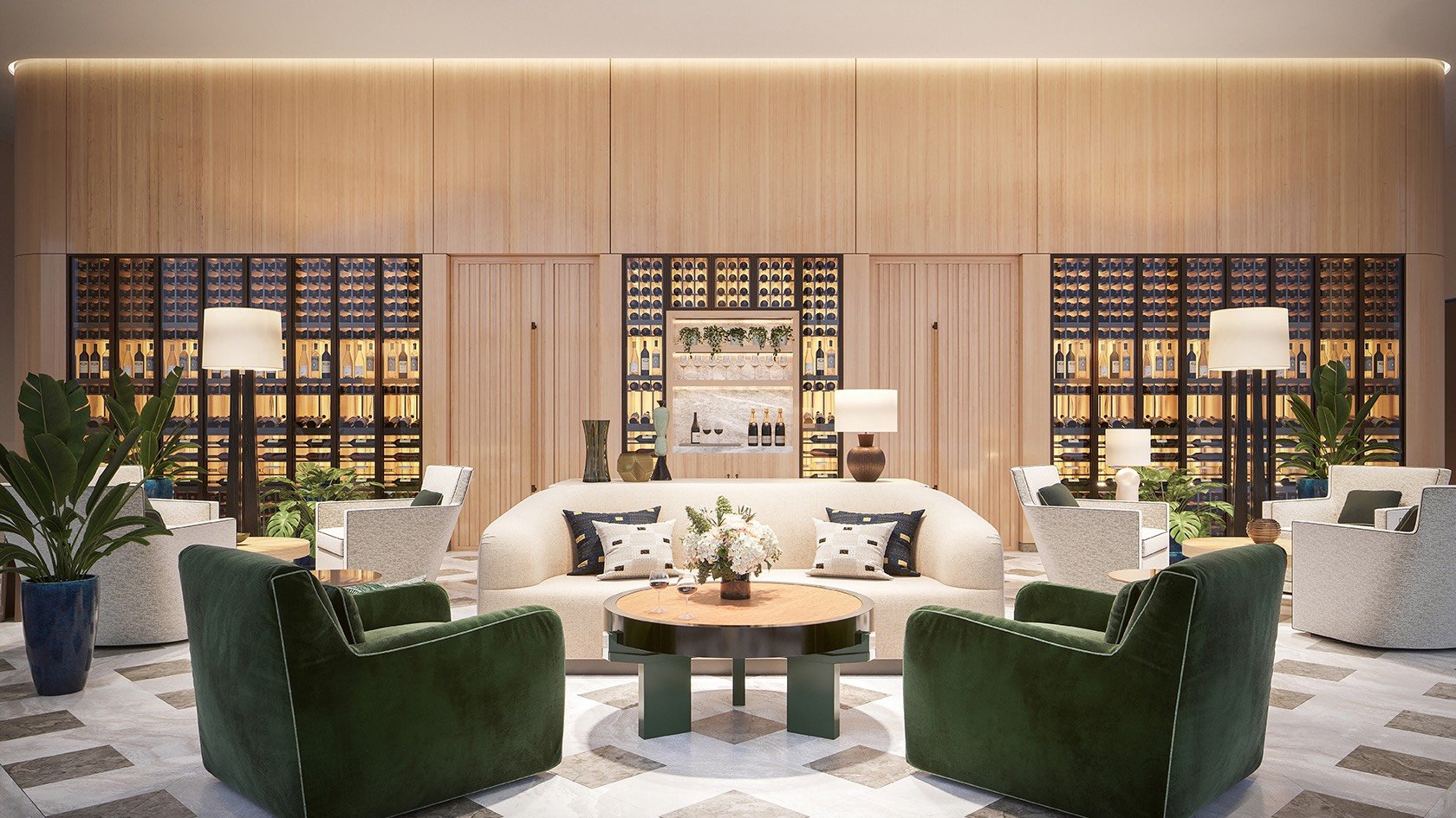 The Perigon Miami Beach lounge with wine display and warm wood, elevated amenity for luxury and ultra luxury condos in Miami Beach; preconstruction. Featuring modern interior.