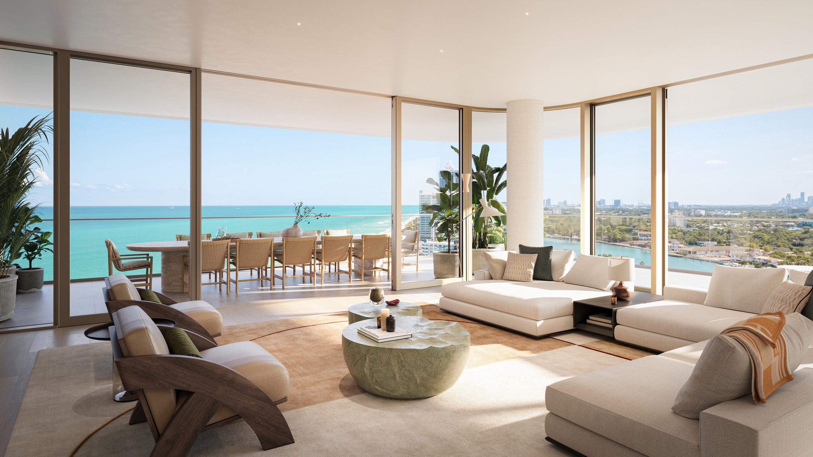 The Perigon Miami Beach living room interior with panoramic ocean view, floor‑to‑ceiling glass in luxury and ultra luxury condos; preconstruction. Featuring modern.