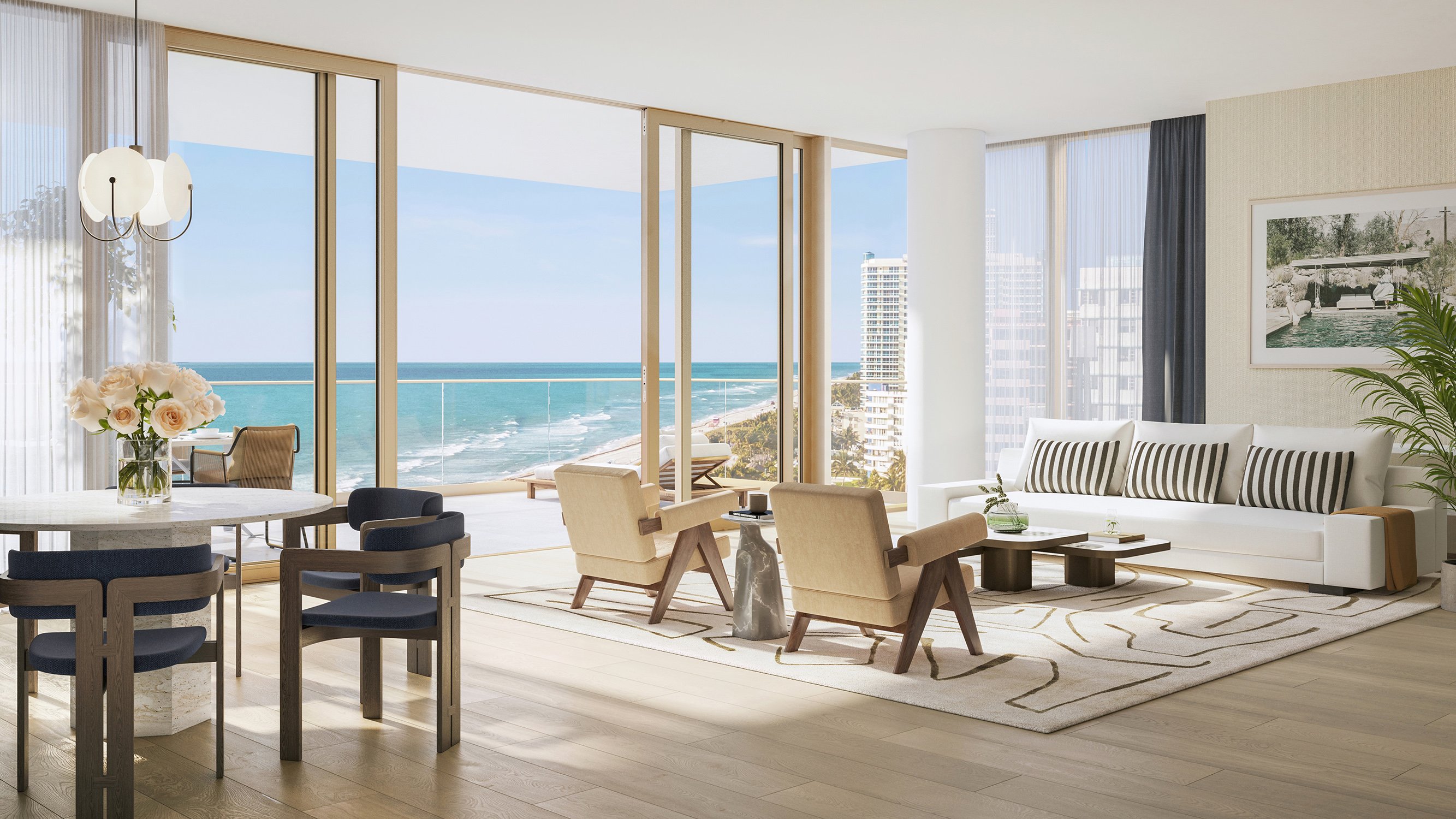 The Perigon Miami Beach modern ocean‑view living room, coastal elegance in luxury and ultra luxury condos; preconstruction.