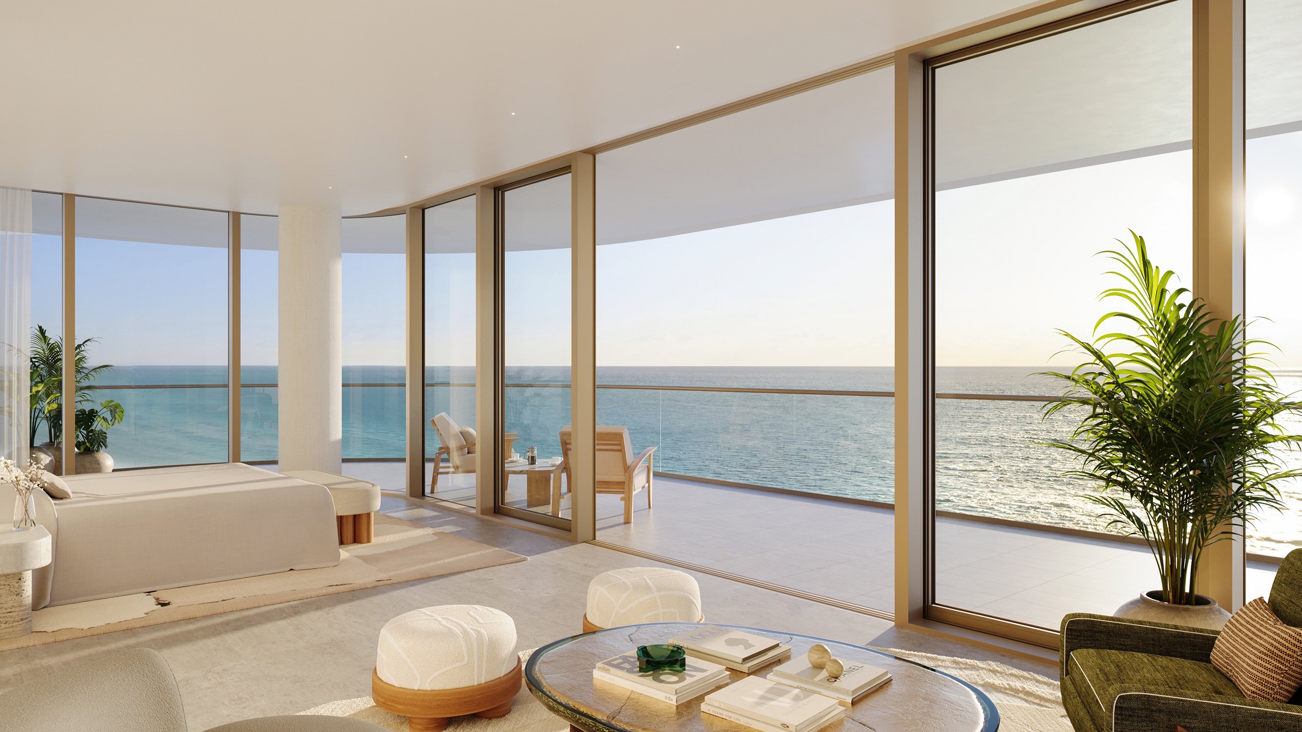 The Perigon Miami Beach ocean‑view suite with terrace—serene interiors in luxury and ultra luxury condos; preconstruction.
