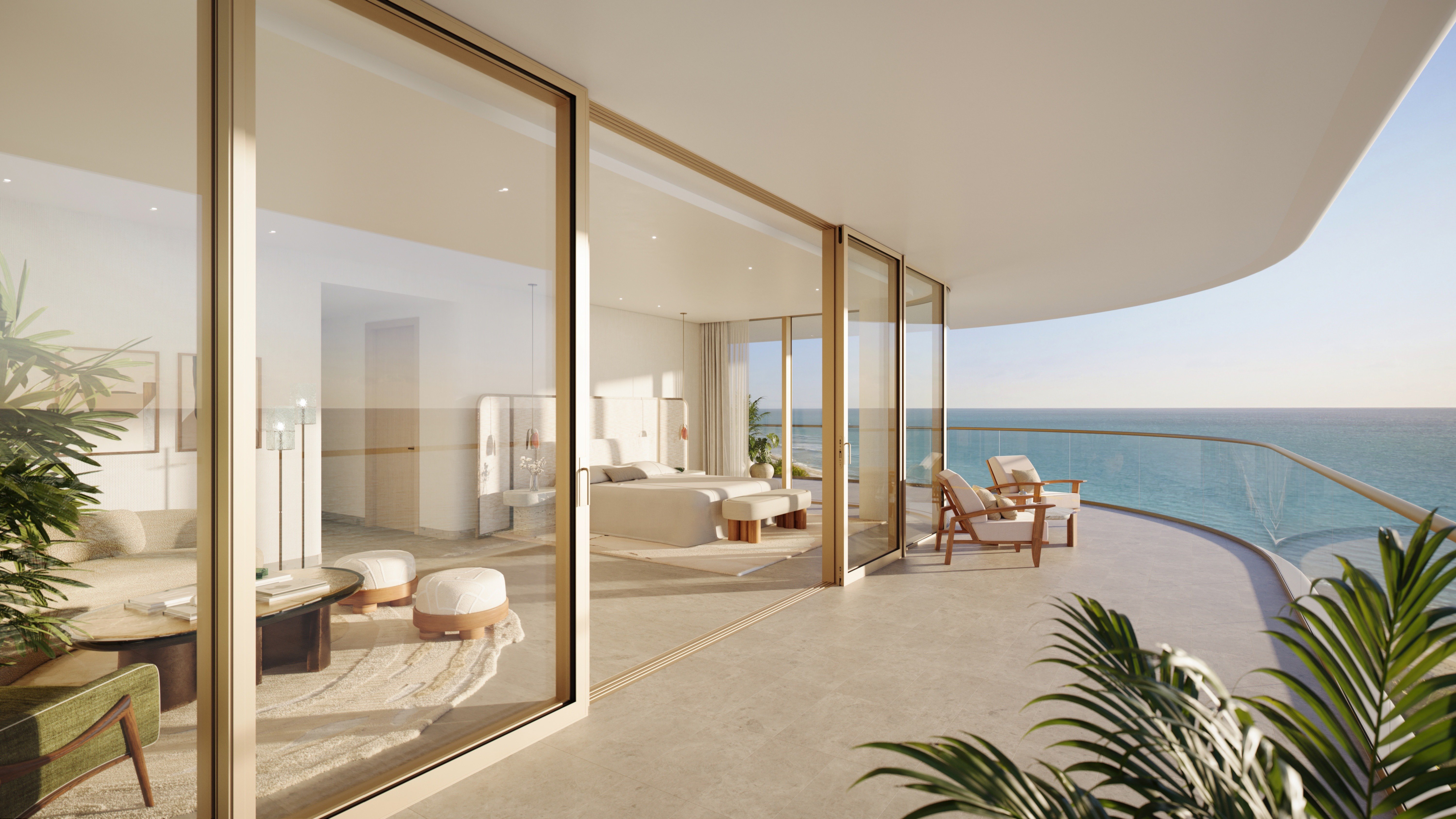 The Perigon Miami Beach oceanfront balcony interior, indoor‑outdoor living for luxury and ultra luxury condos; preconstruction. Featuring modern.