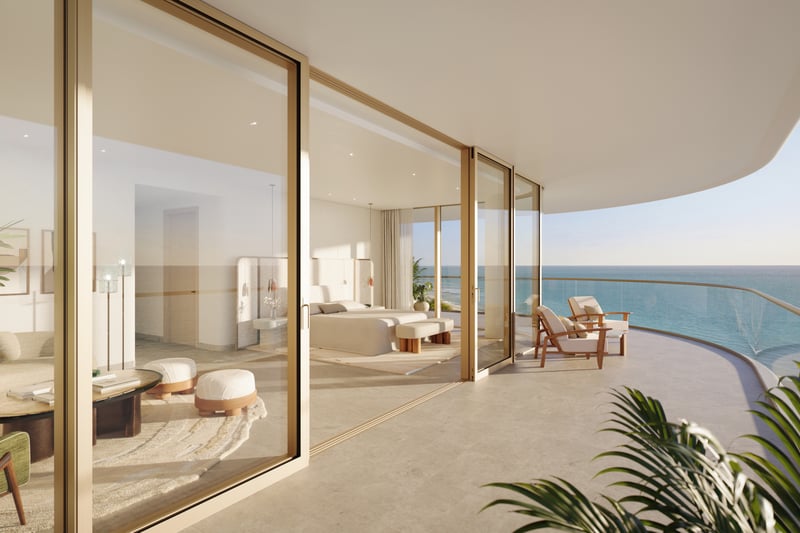 The Perigon Miami Beach oceanfront balcony interior, indoor‑outdoor living for luxury and ultra luxury condos; preconstruction. Featuring modern.