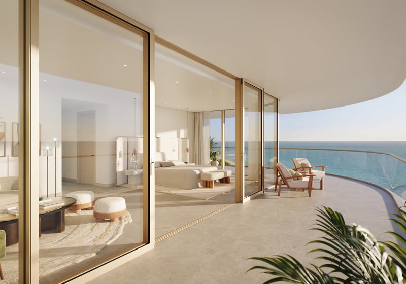 The Perigon Miami Beach oceanfront balcony interior, indoor‑outdoor living for luxury and ultra luxury condos; preconstruction. Featuring modern.