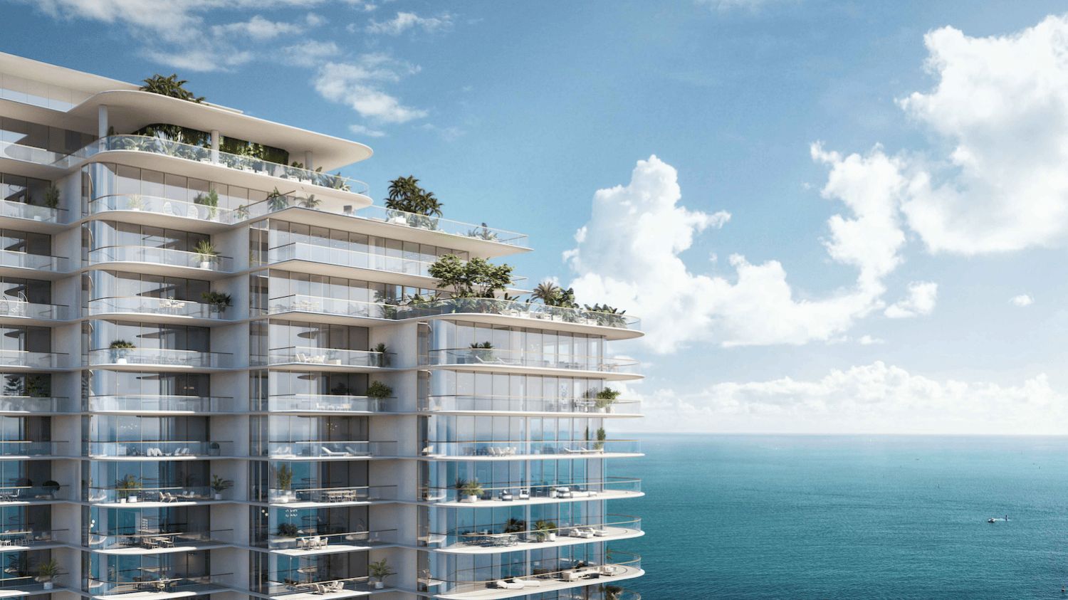 The Perigon Miami Beach modern oceanfront condo design—curved glass architecture for luxury and ultra luxury condos; preconstruction.